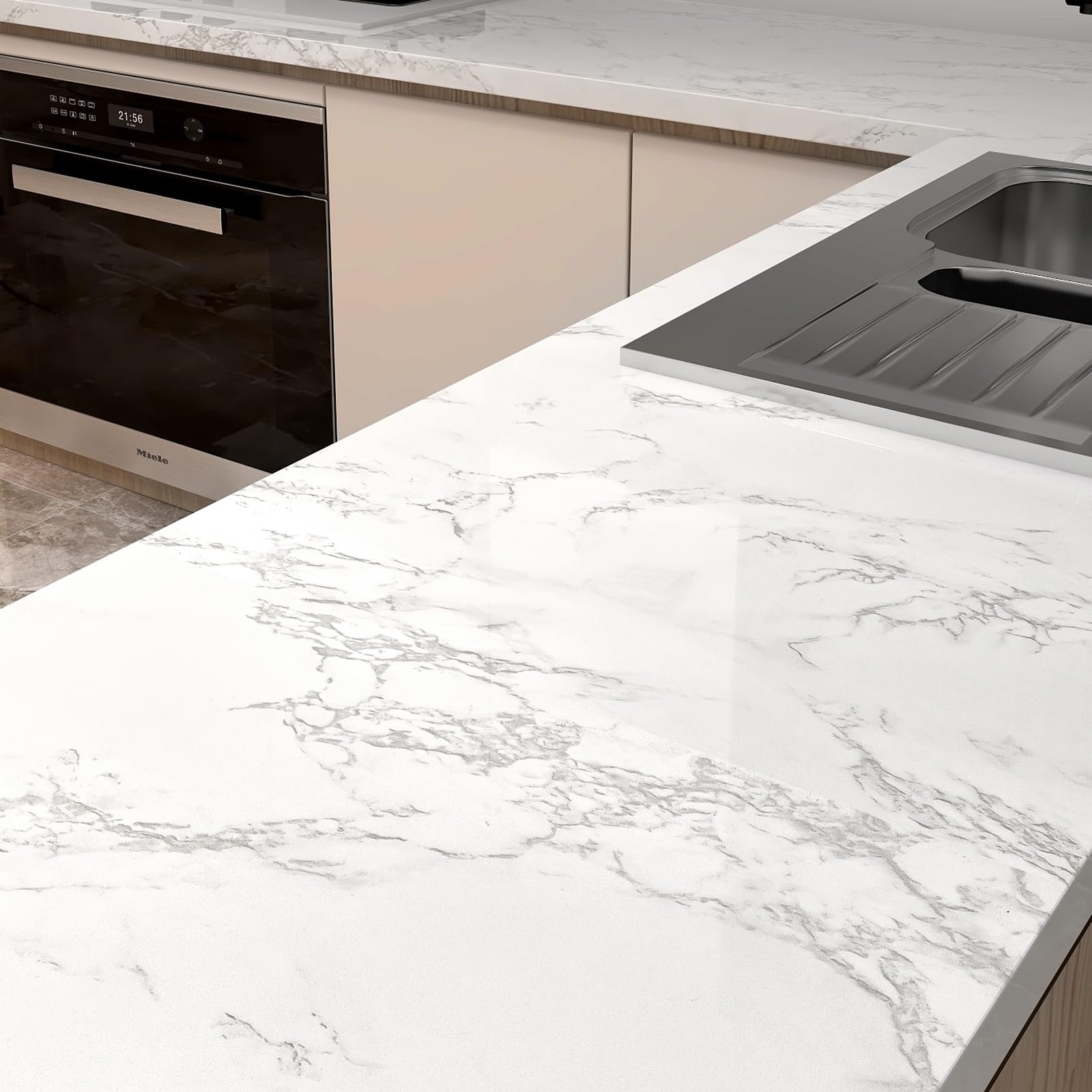 practicalWs marble wallpaper on a countertop for a clean, modern surface.