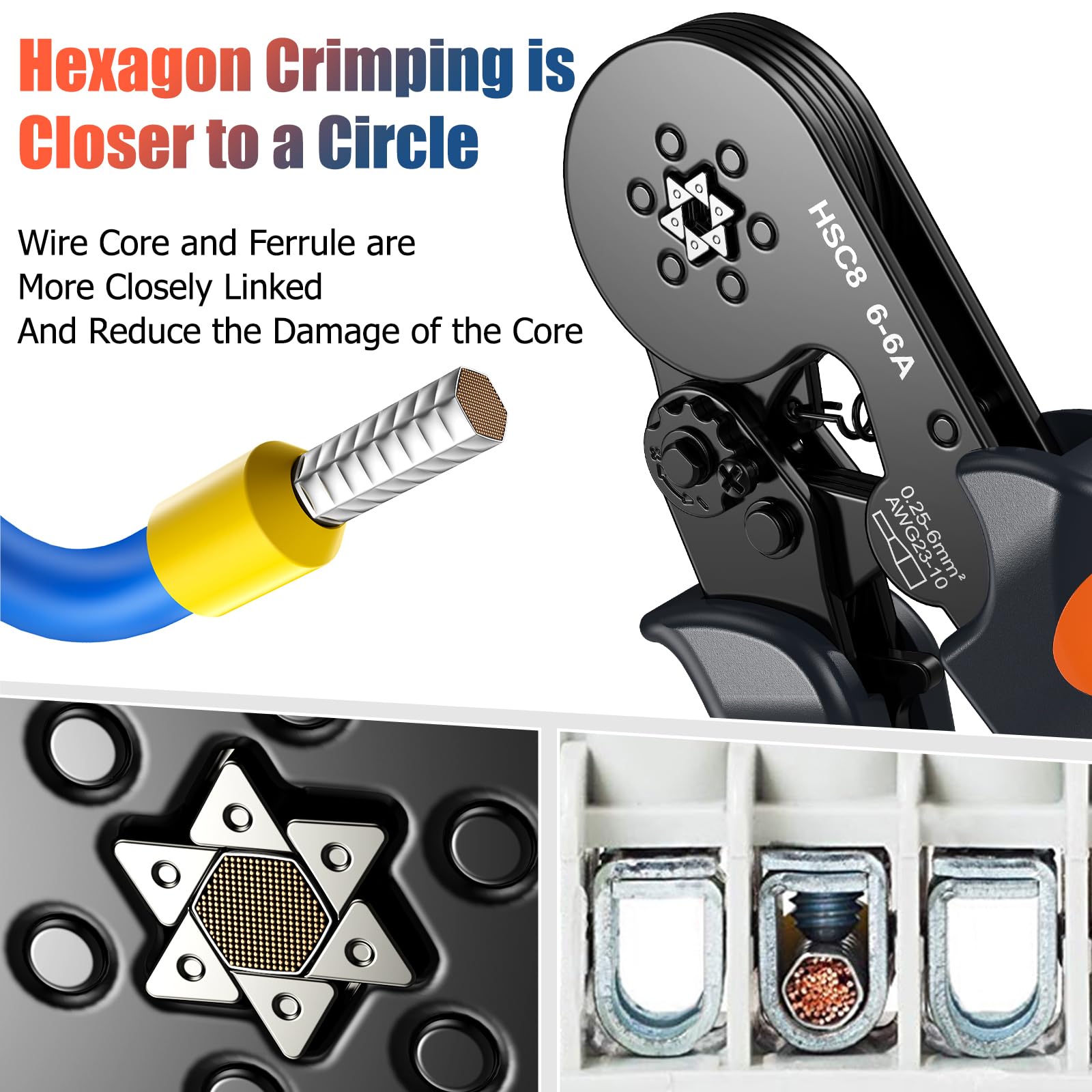 Preciva crimping plier close-up reveals six-sided zigzag for firm crimps.