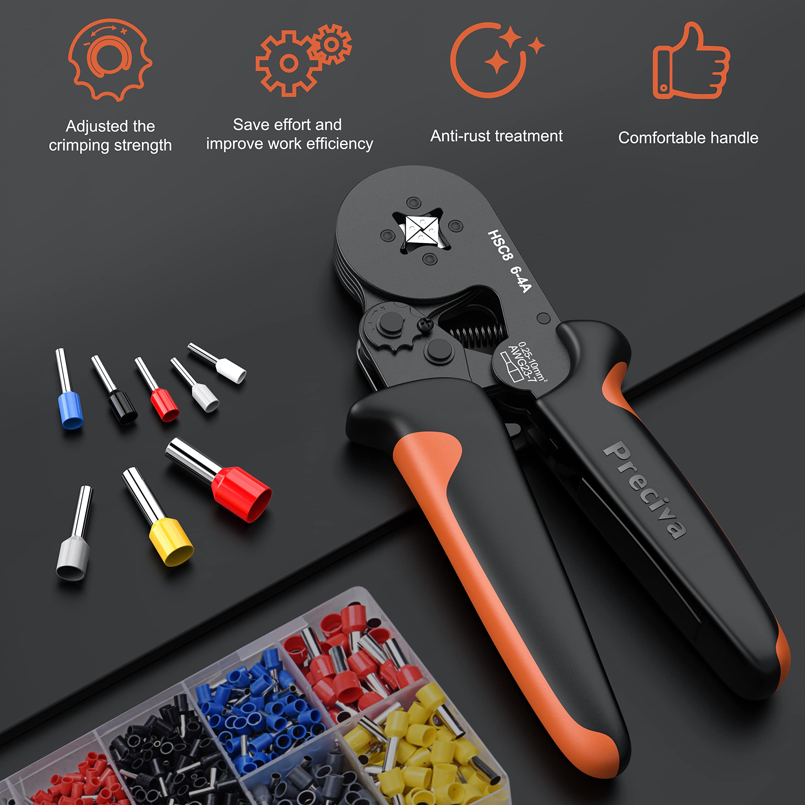 Preciva ergonomic, non-slip handle reduces hand strain during crimping tasks.
