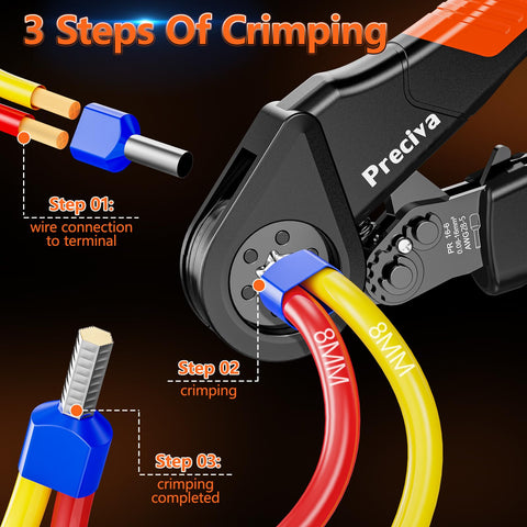 Preciva ferrule crimping tool kit adjustable pressure dial adapts to wire thickness.