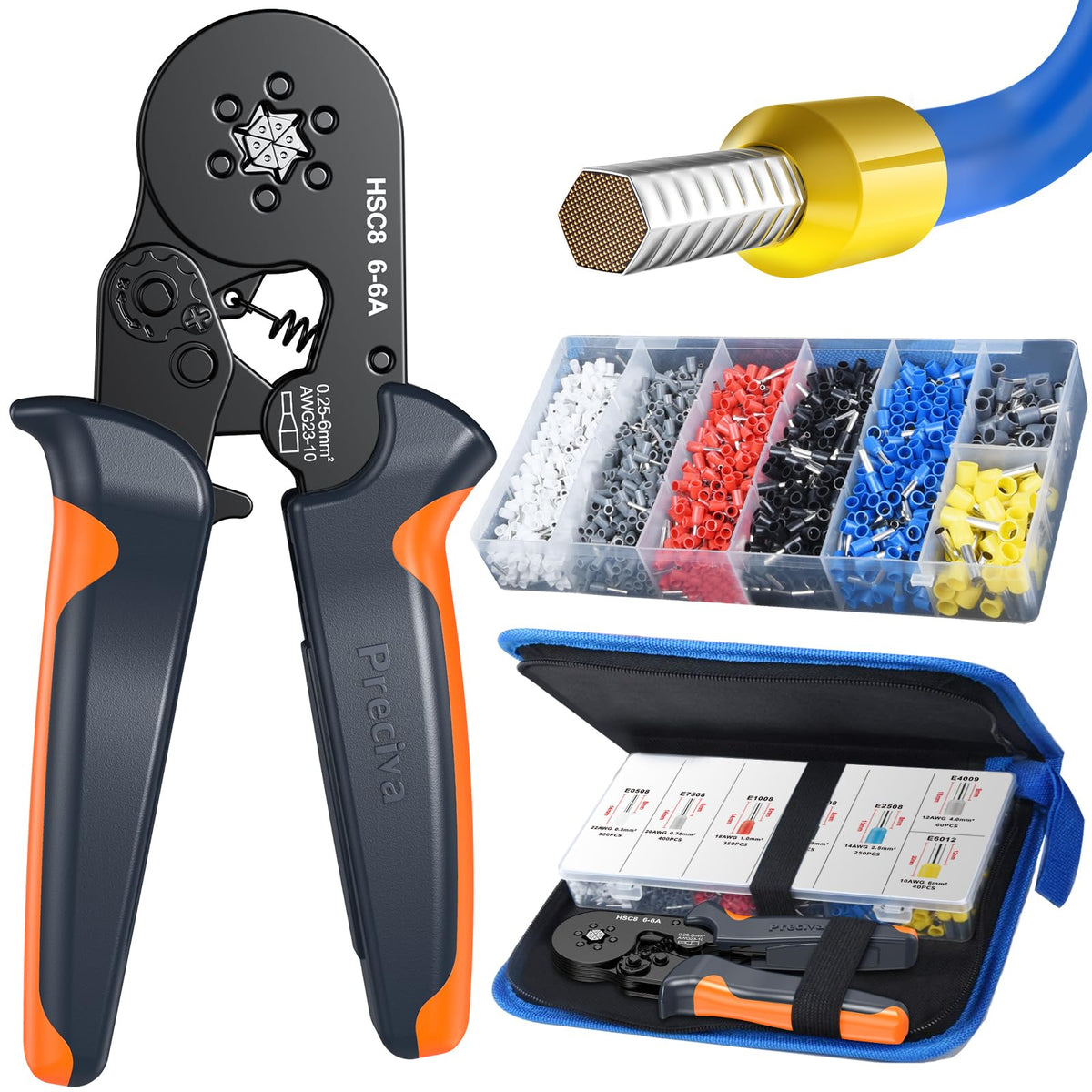 Preciva ferrule crimping tool kit front view for comfortable, precise wiring tasks.