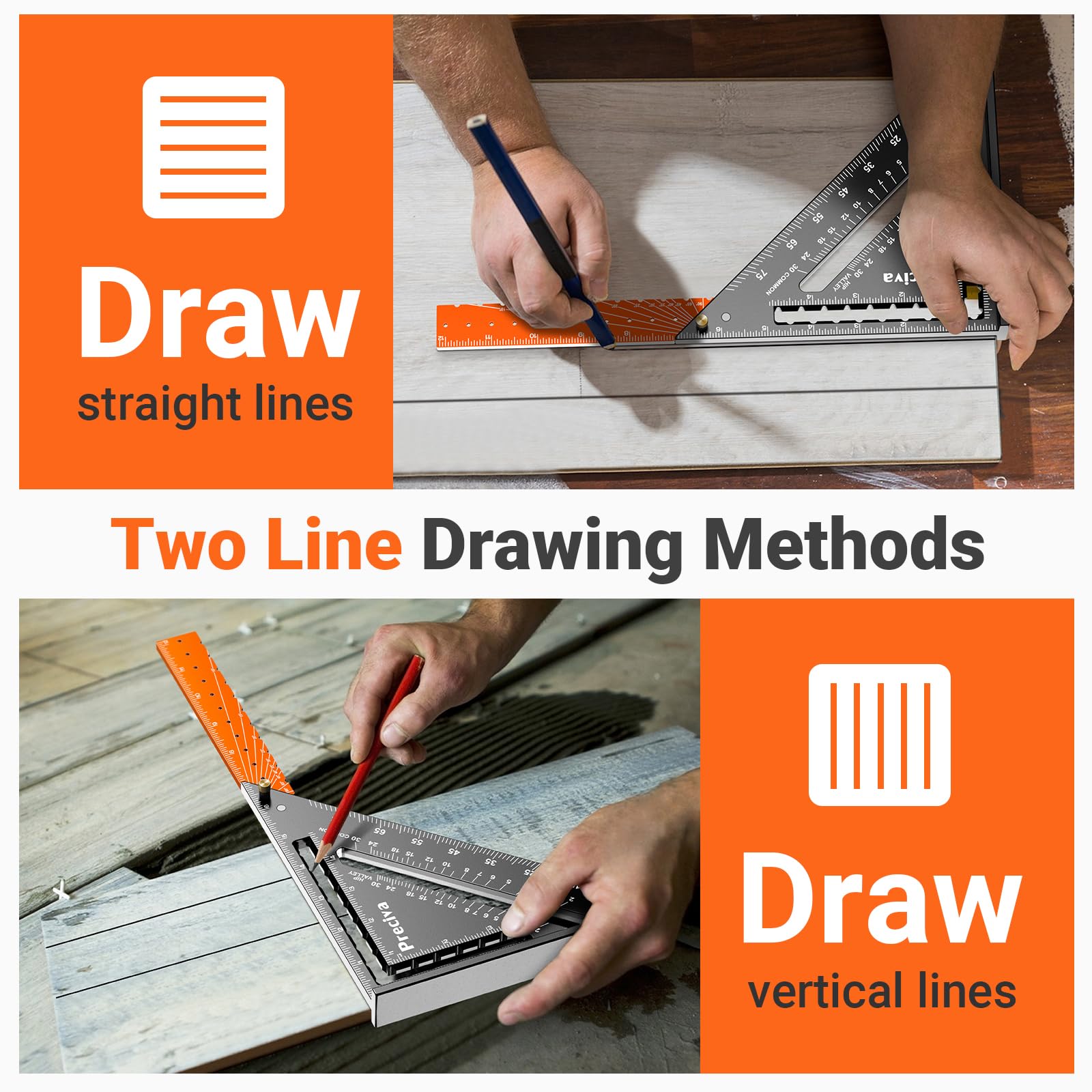 Preciva multi-functional square supports parallel, perpendicular, and angular marks.
