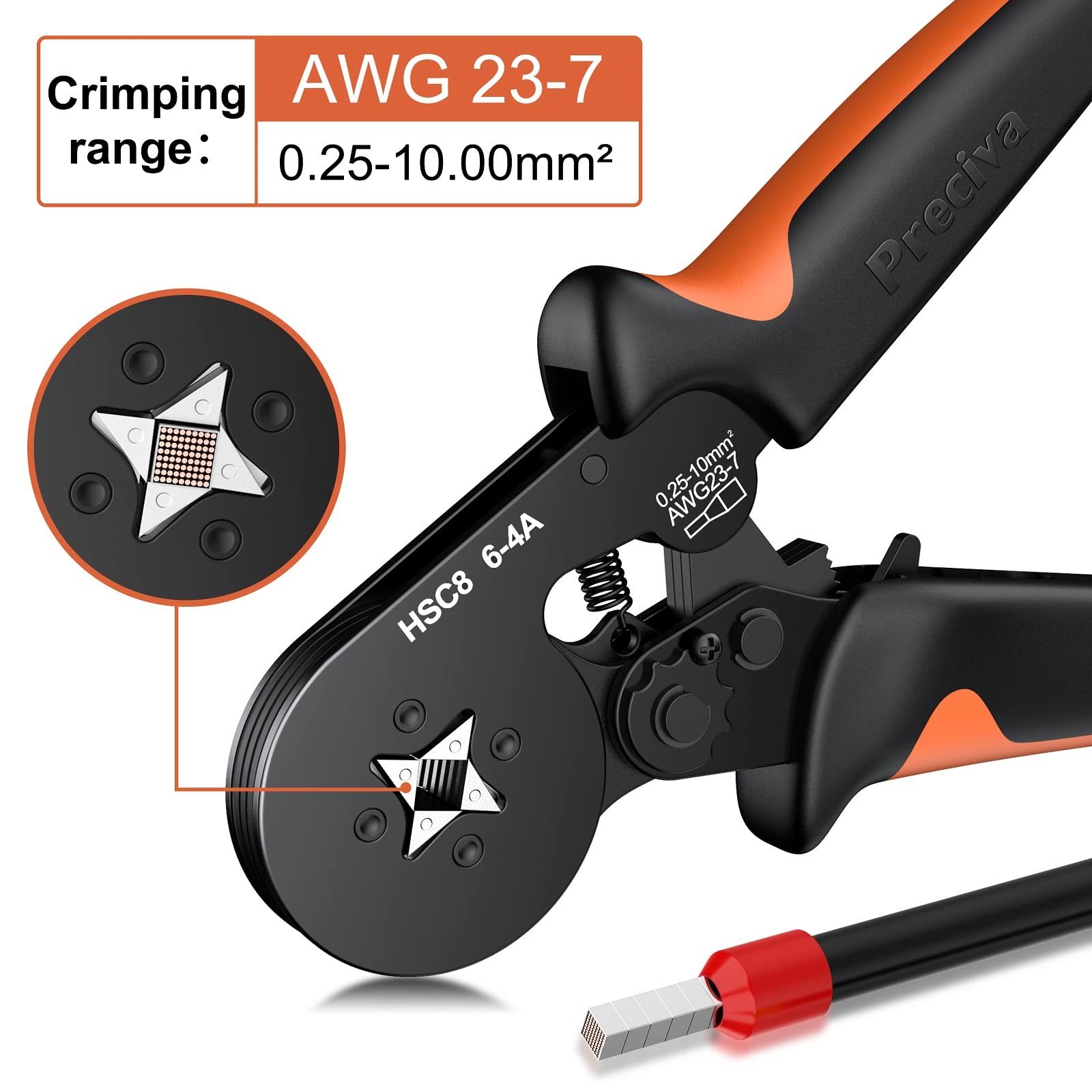 Preciva self-adjusting crimping tool automatically matches wire diameter for ease.