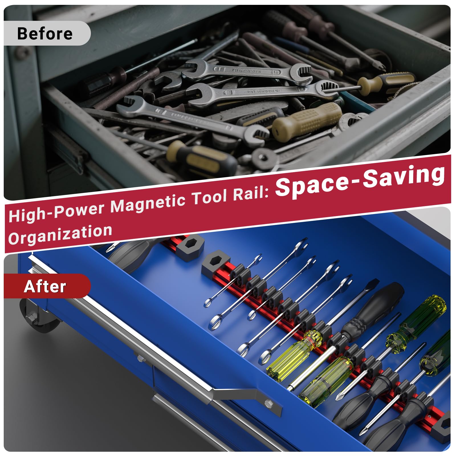 Preciva 24 sliding clips organize wrenches and screwdrivers neatly.