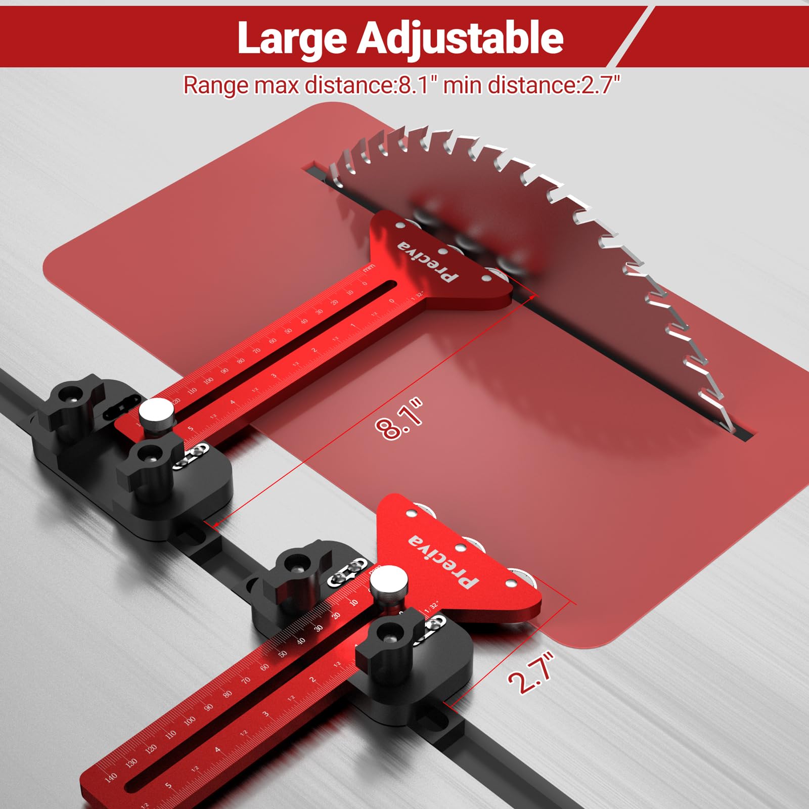 Preciva jig fits 3/8 x 3/4 U-slots for secure table saw alignment.