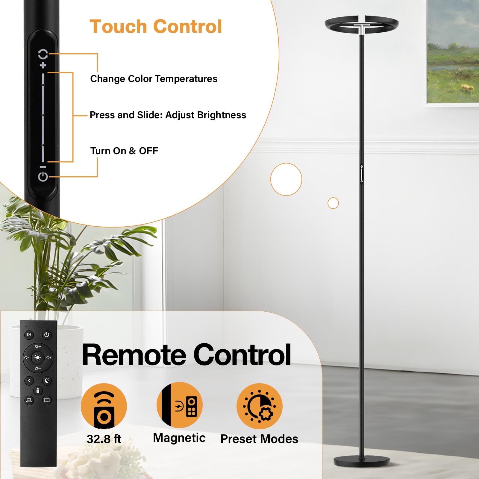 PreeOtti torchiere stands tall at 70 inches for versatile placement.