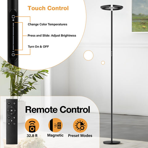 PreeOtti torchiere stands tall at 70 inches for versatile placement.
