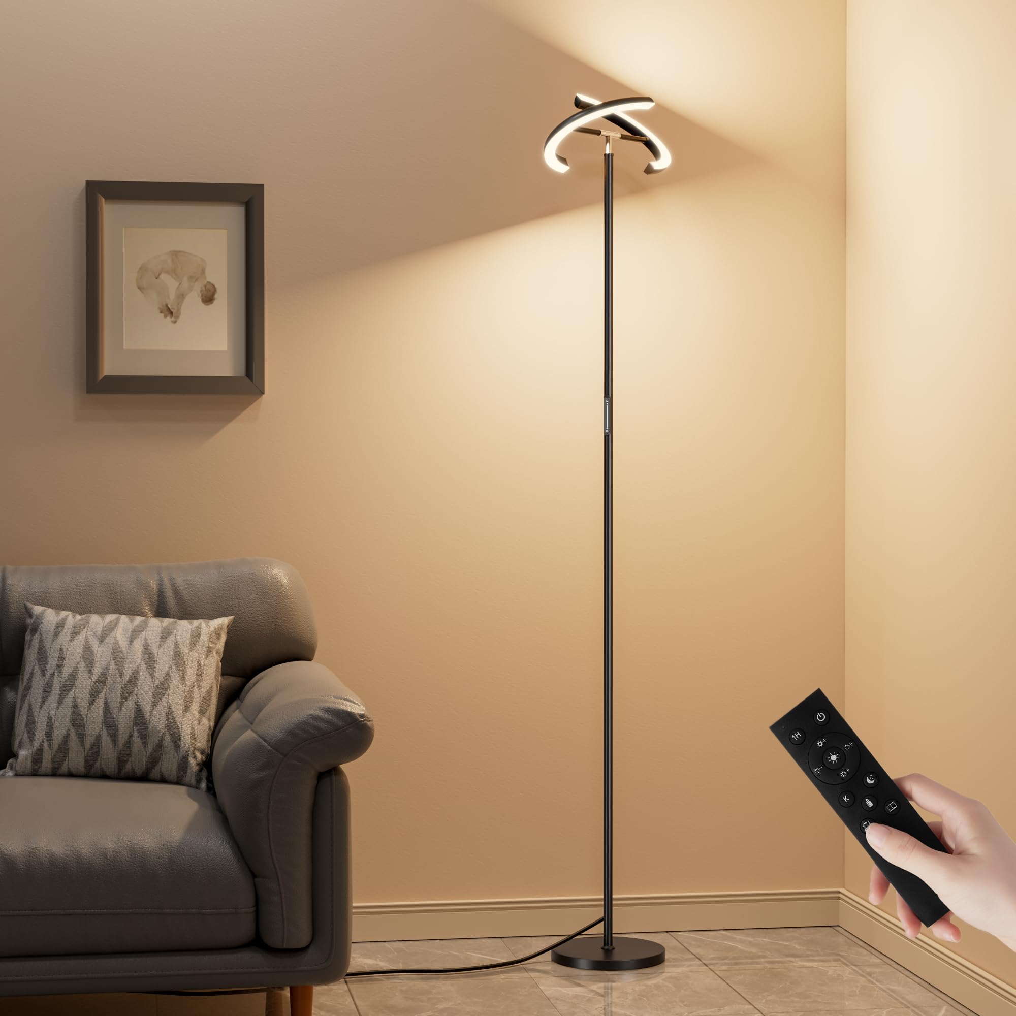 PreeOtti torchiere floor lamp illuminates the living room with glare-free ambient light.