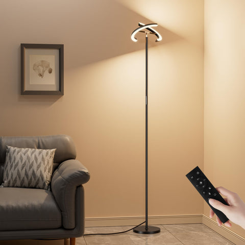 PreeOtti torchiere floor lamp illuminates the living room with glare-free ambient light.