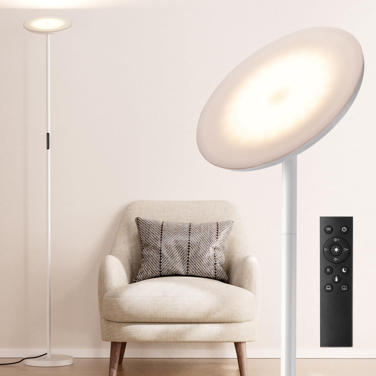 PreeOtti modern LED floor lamp with remote control for sofa-side lighting.
