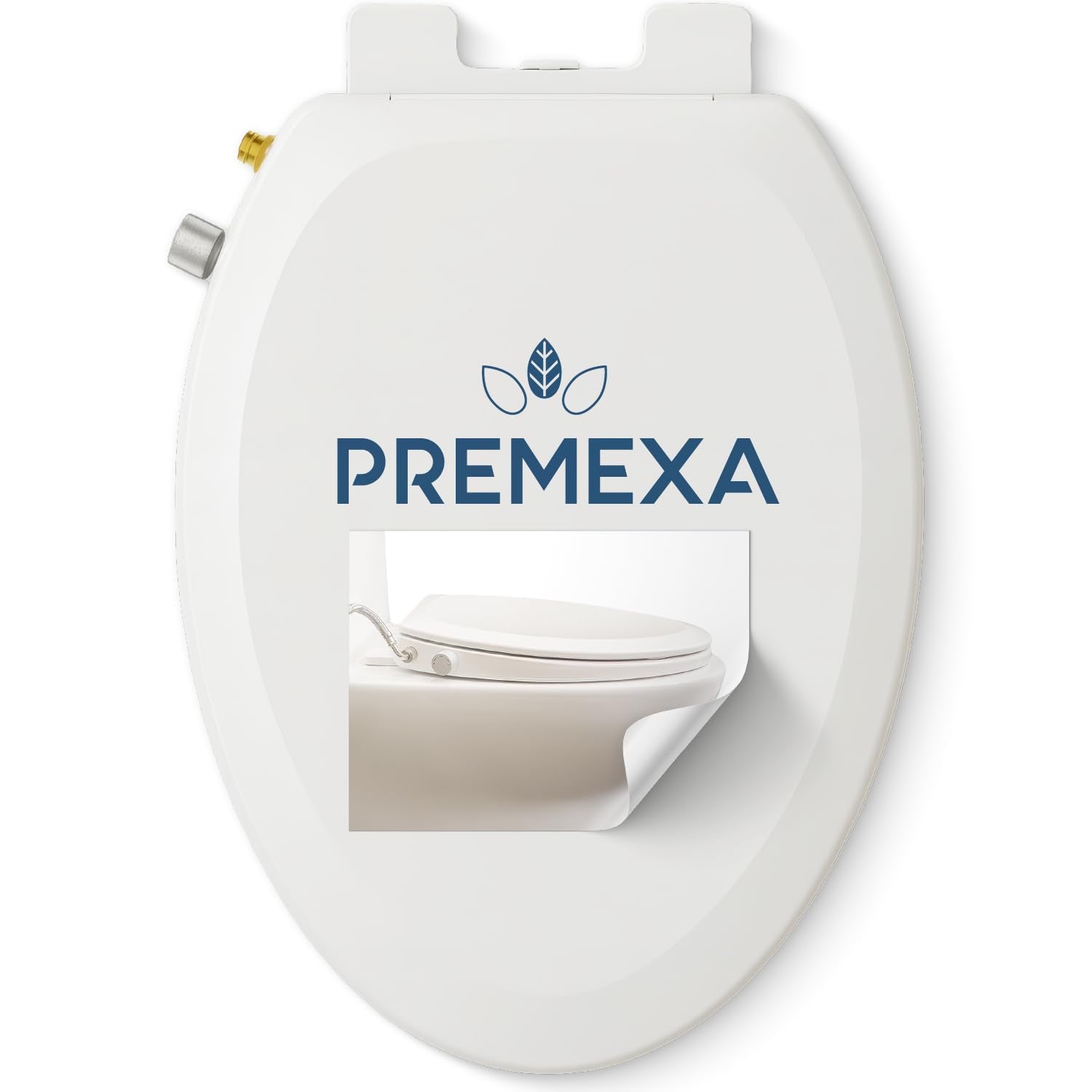 Premexa bidet seat on elongated toilet with dual-nozzle for targeted cleaning.