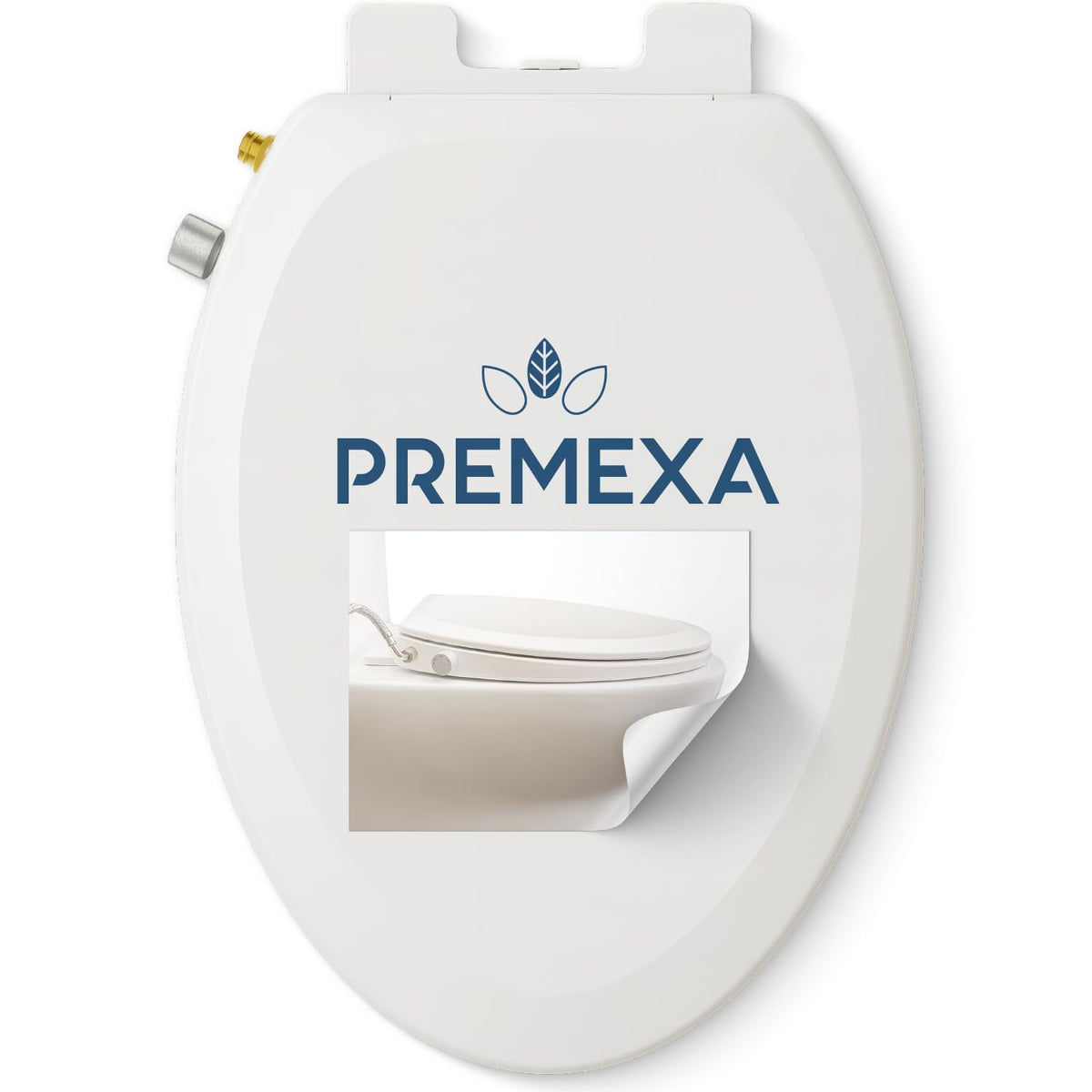 Premexa bidet seat on elongated toilet with dual-nozzle for targeted cleaning.