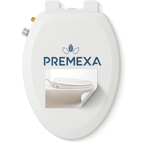 Premexa bidet seat on elongated toilet with dual-nozzle for targeted cleaning.