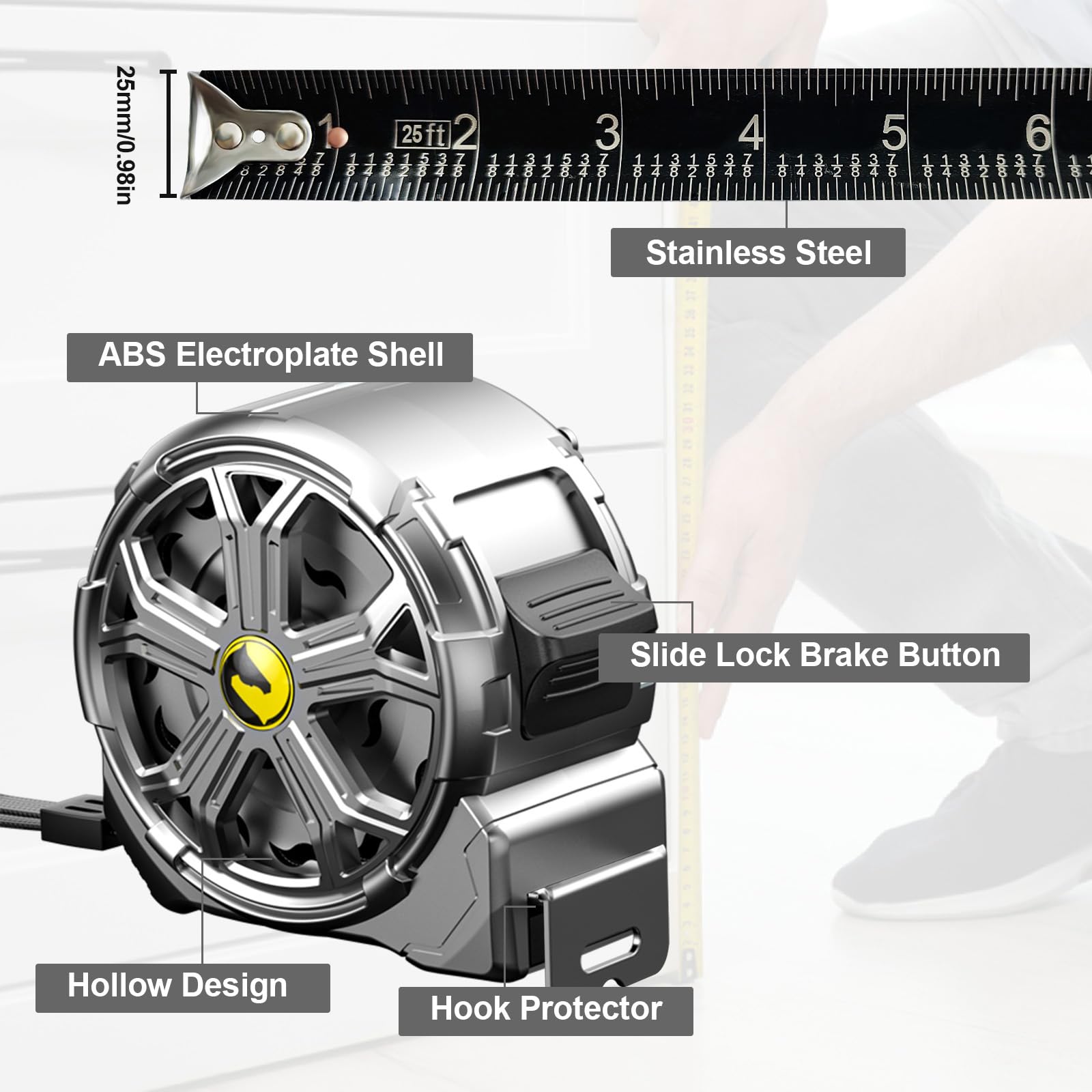 Premium Tape Measure 25ft stainless steel blade resists rust and wear