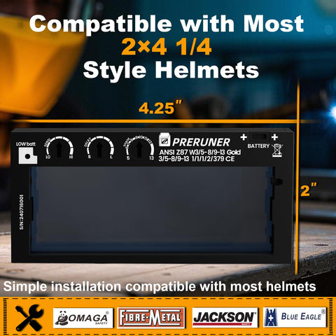 PRERUNER auto-darkening lens fits 2x4.25 inch helmets for broad compatibility.