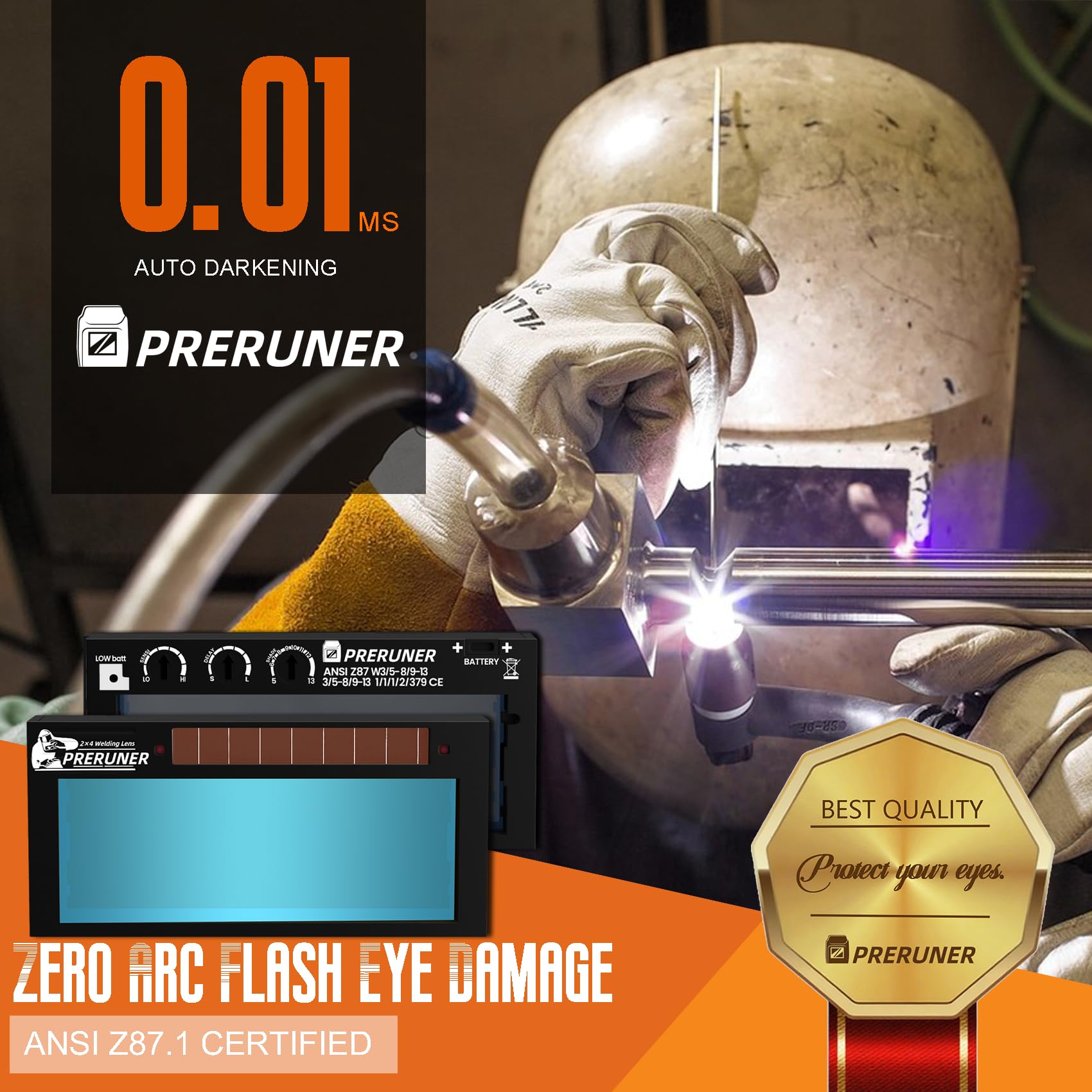 PRERUNER auto-darkening lens triggers within 0.01 ms for safer welding