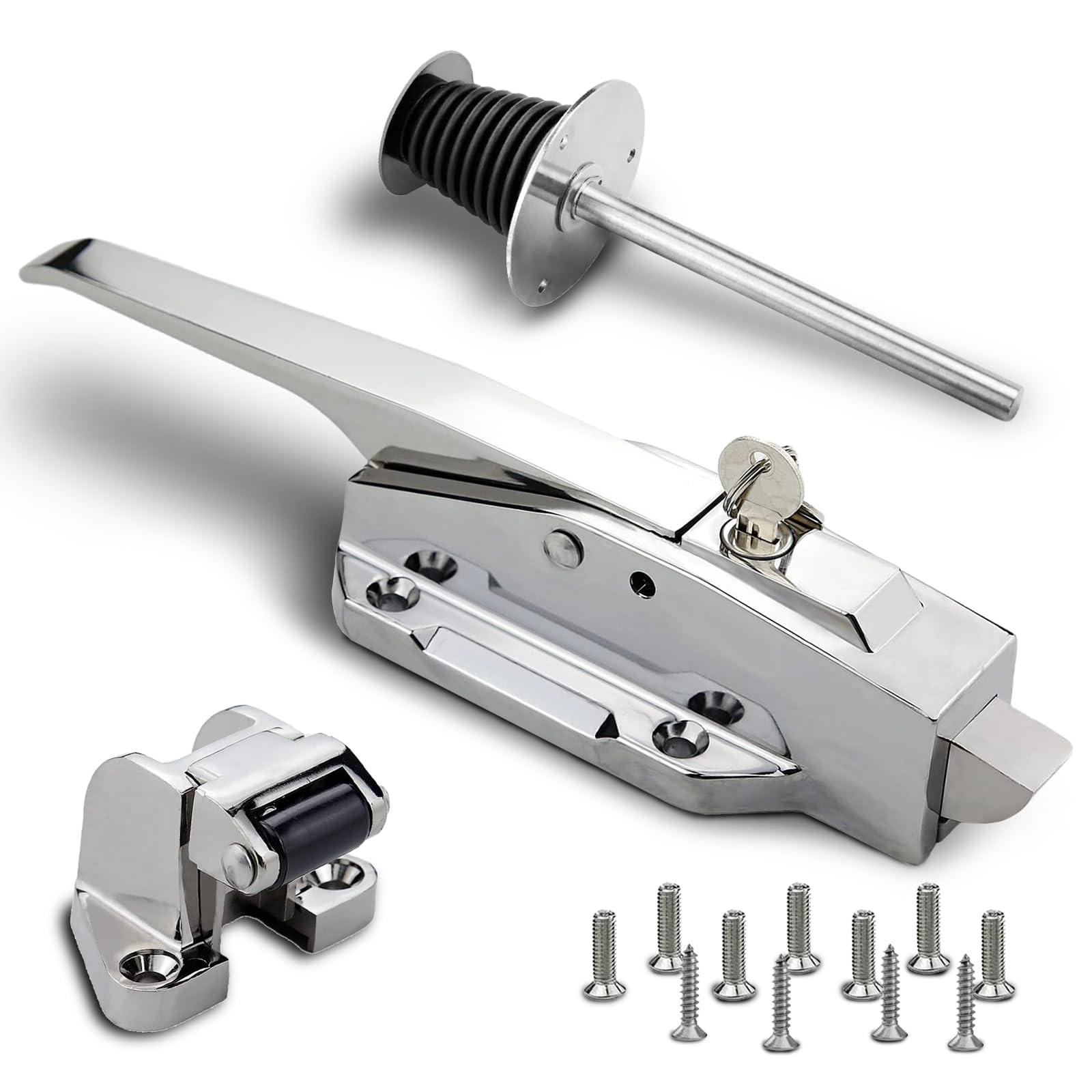 Preruner walk-in cooler door handle for easy grip and secure closure.