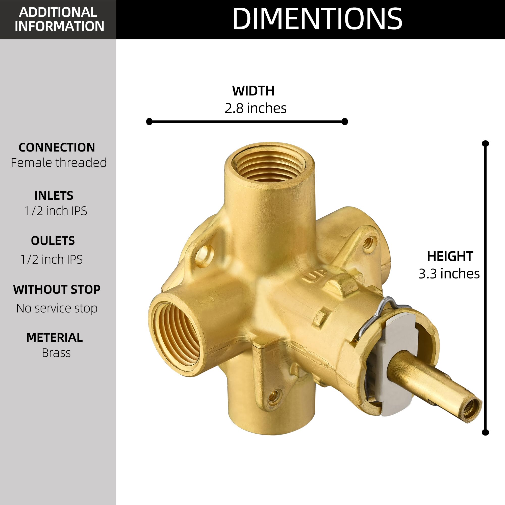 Brass construction of the valve highlights durability for daily shower use.