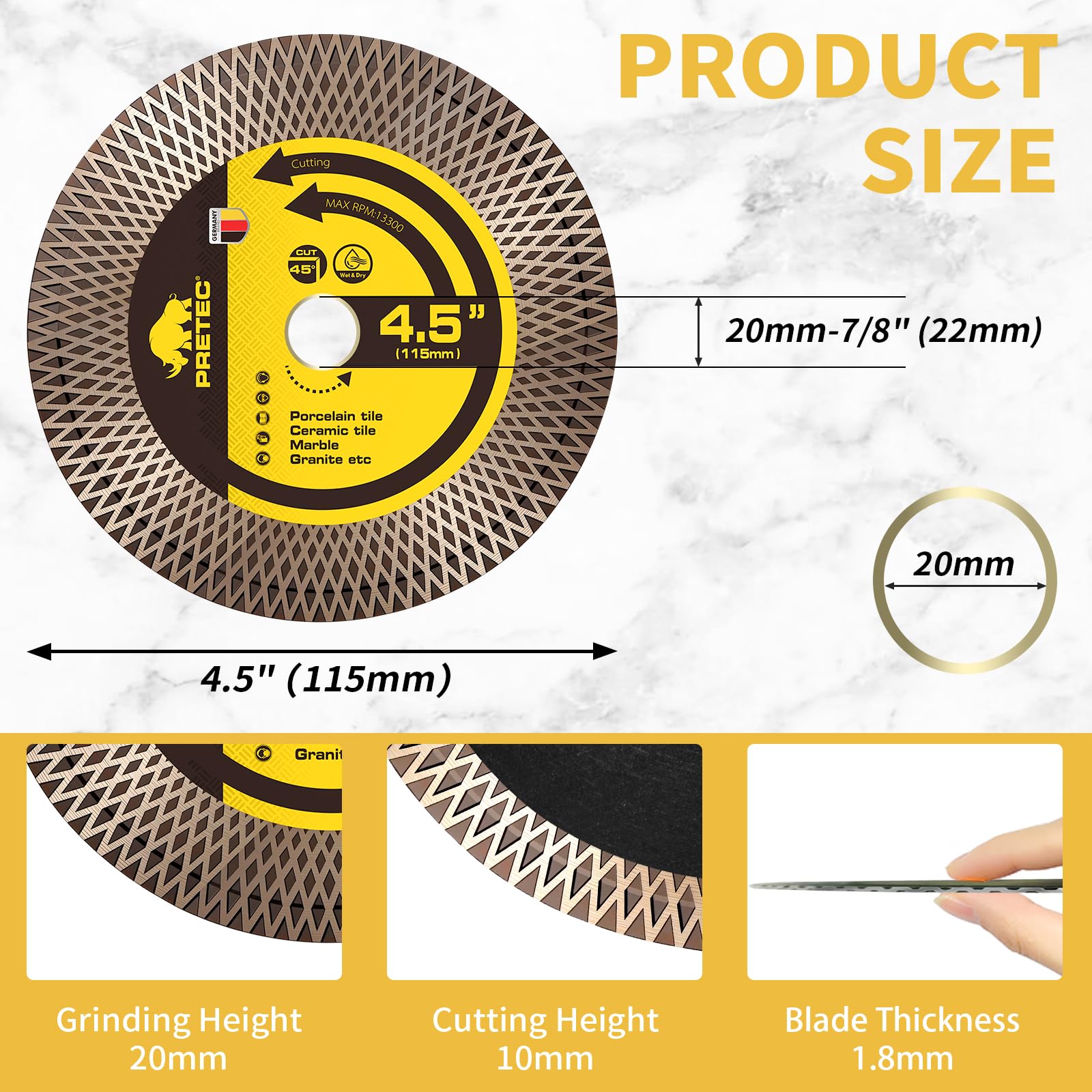 PRETEC blade installed on angle grinder for 45-degree tile cuts
