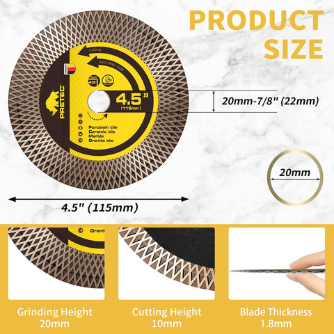 PRETEC blade installed on angle grinder for 45-degree tile cuts