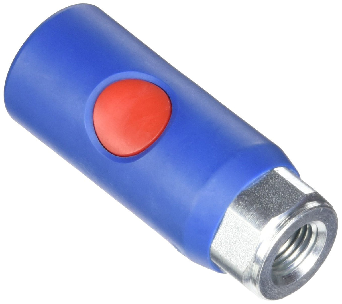 Prevost PRVURC061201 coupler with blue body and red push button for quick, safe air line venting.