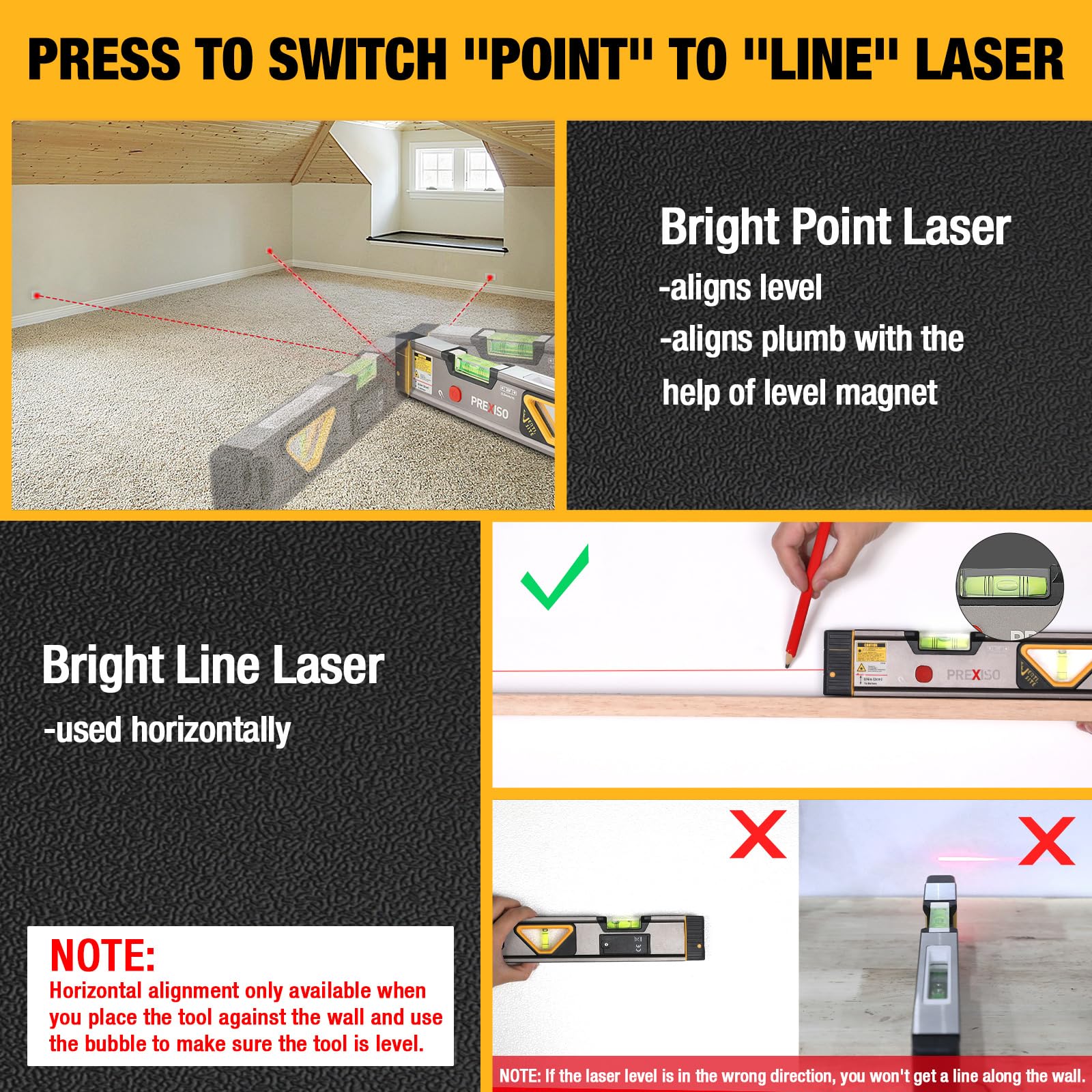 Prexiso laser level displaying the 30 ft horizontal line for straight installations.