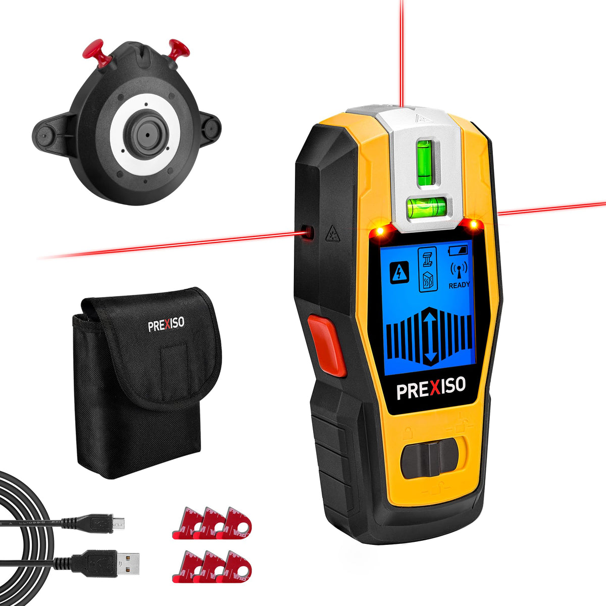 PREXISO 2-in-1 stud finder with laser level edge marking for precise mounting.