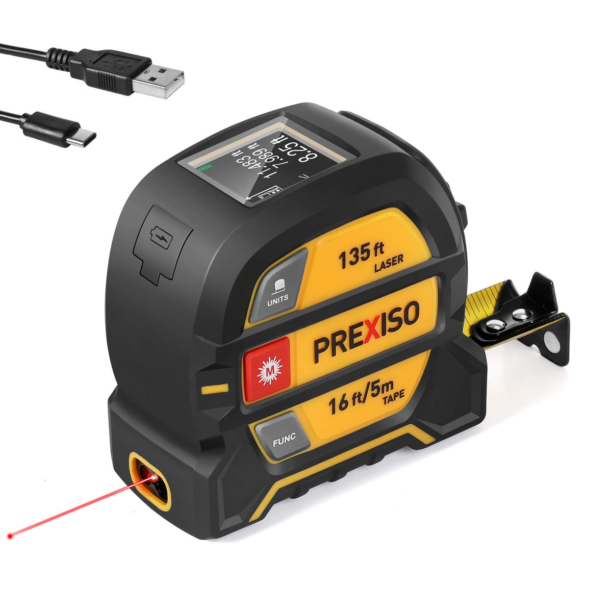 PREXISO 2-in-1 laser tape measure delivers long-range distance readings for rooms.