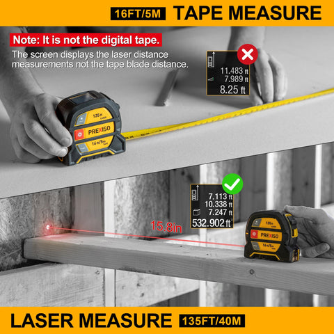 PREXISO 2-in-1 laser tape measure with 16 ft tape for quick inside measurements.