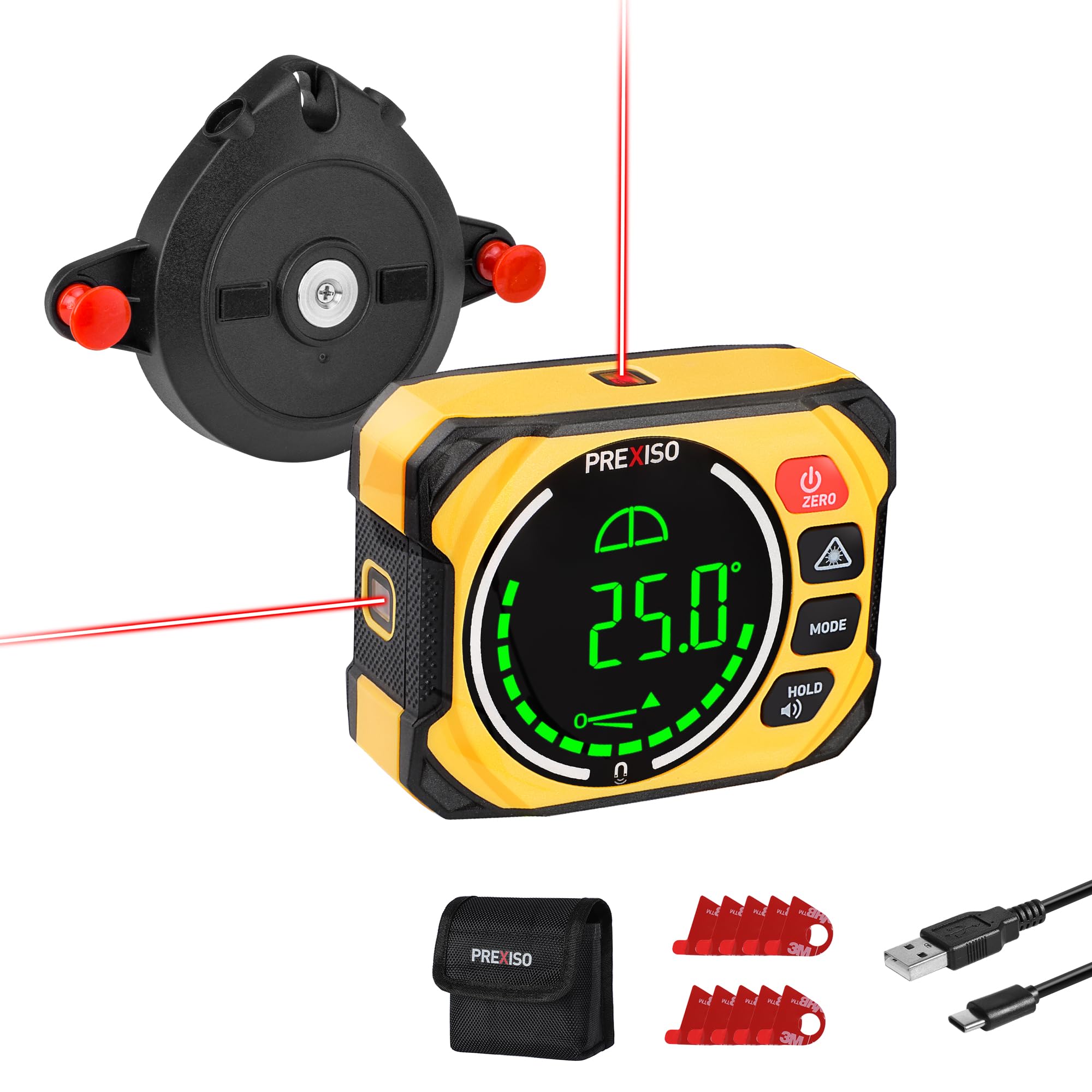 PREXISO 3-in-1 laser level with magnetic base projects aligned lines on metal surfaces.