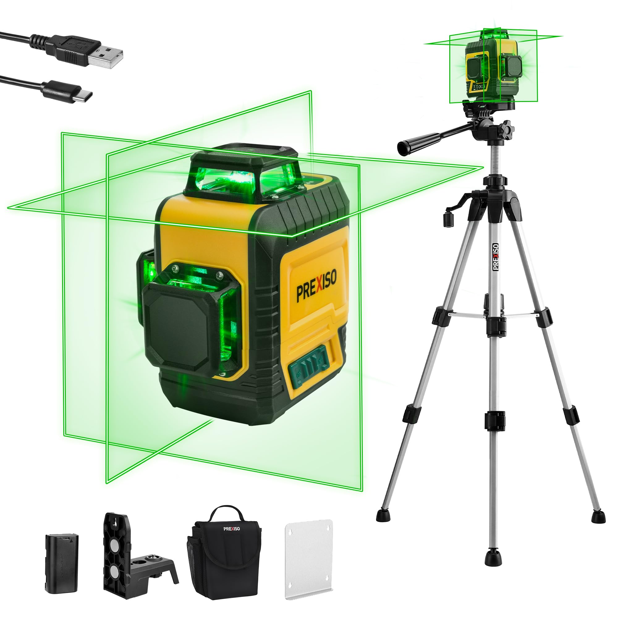 PREXISO 3x360° laser level projects full-room horizontal and vertical lines for precise alignment.