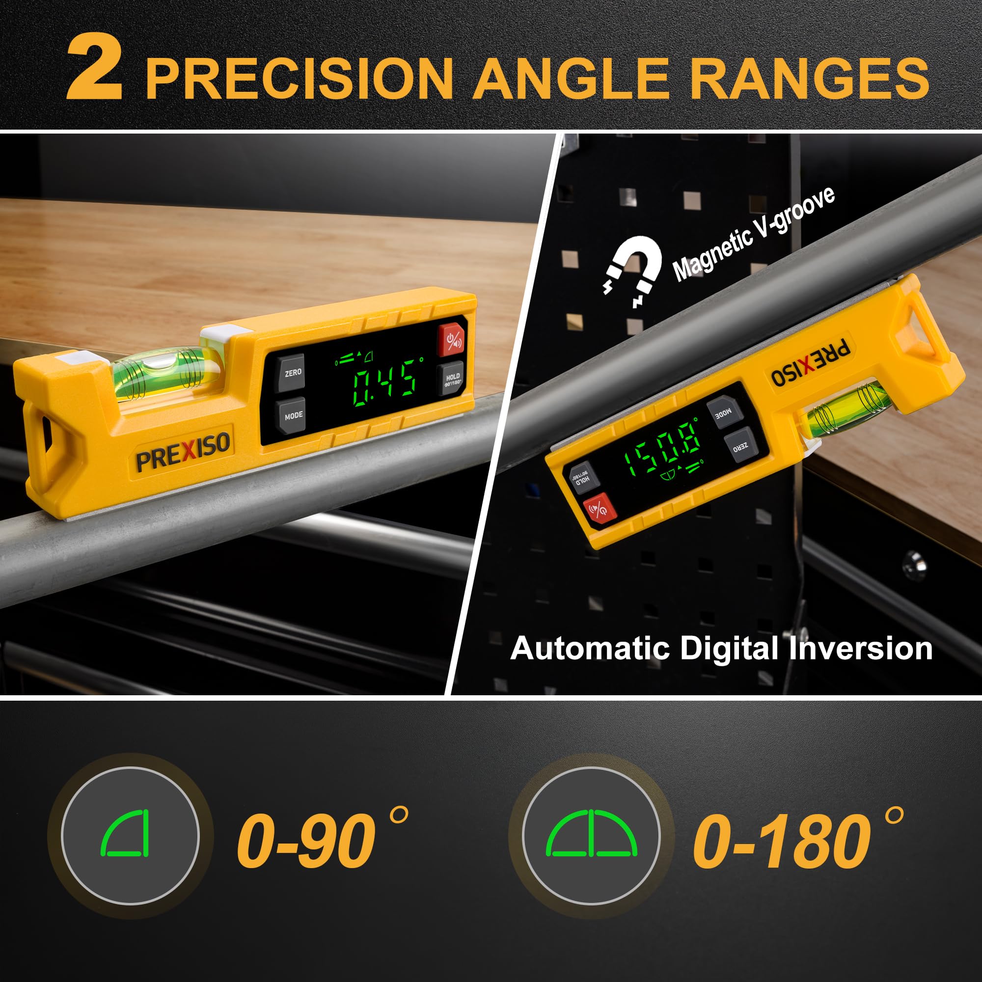 Prexiso backlit display remains readable in dim workshops for quick angle checks