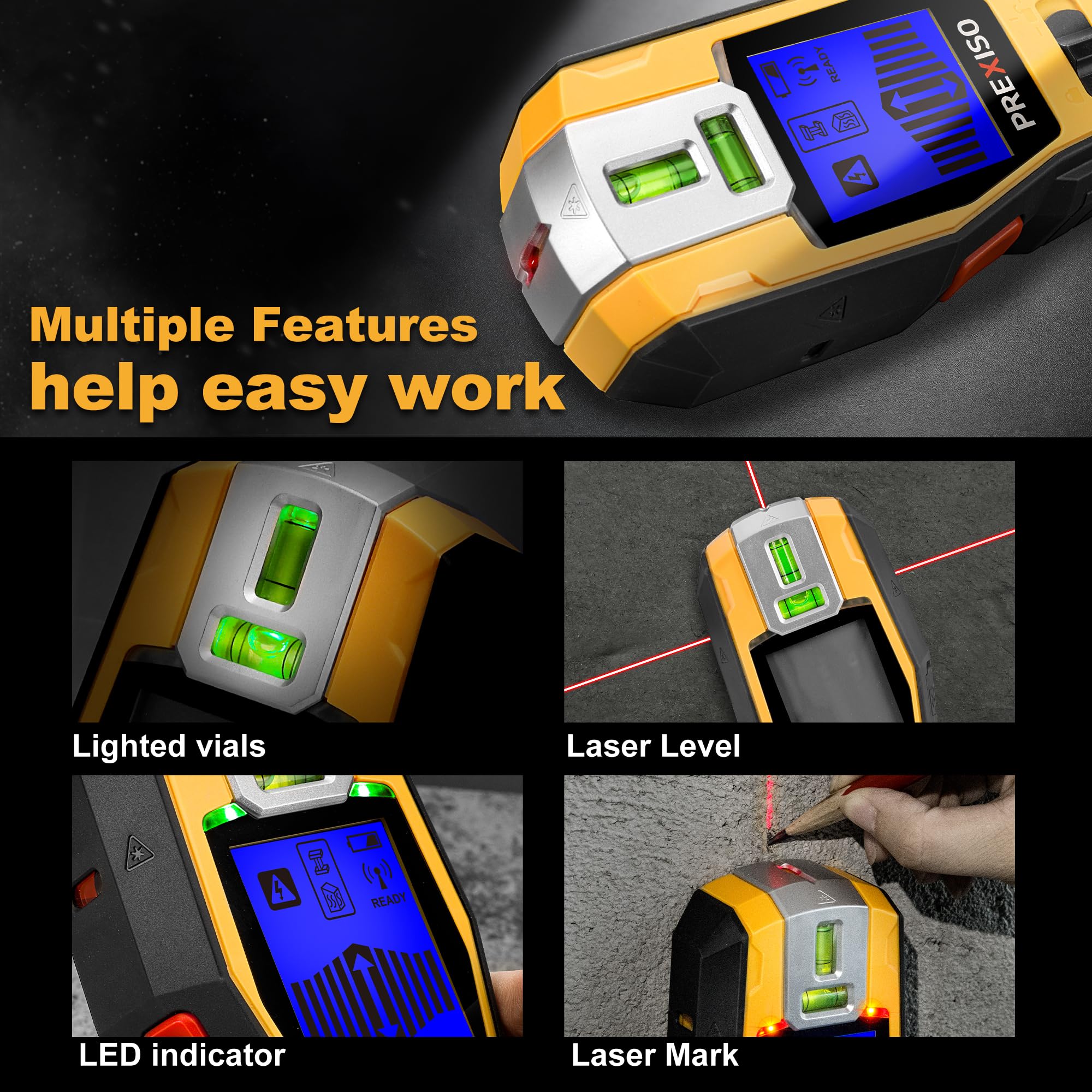 PREXISO detects wood, metal studs and live AC wires through drywall.