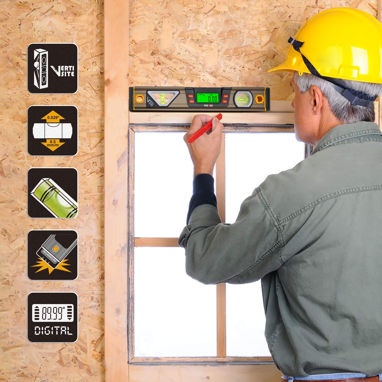 Prexiso inclinometer offers degrees, percent grade, and in/ft units