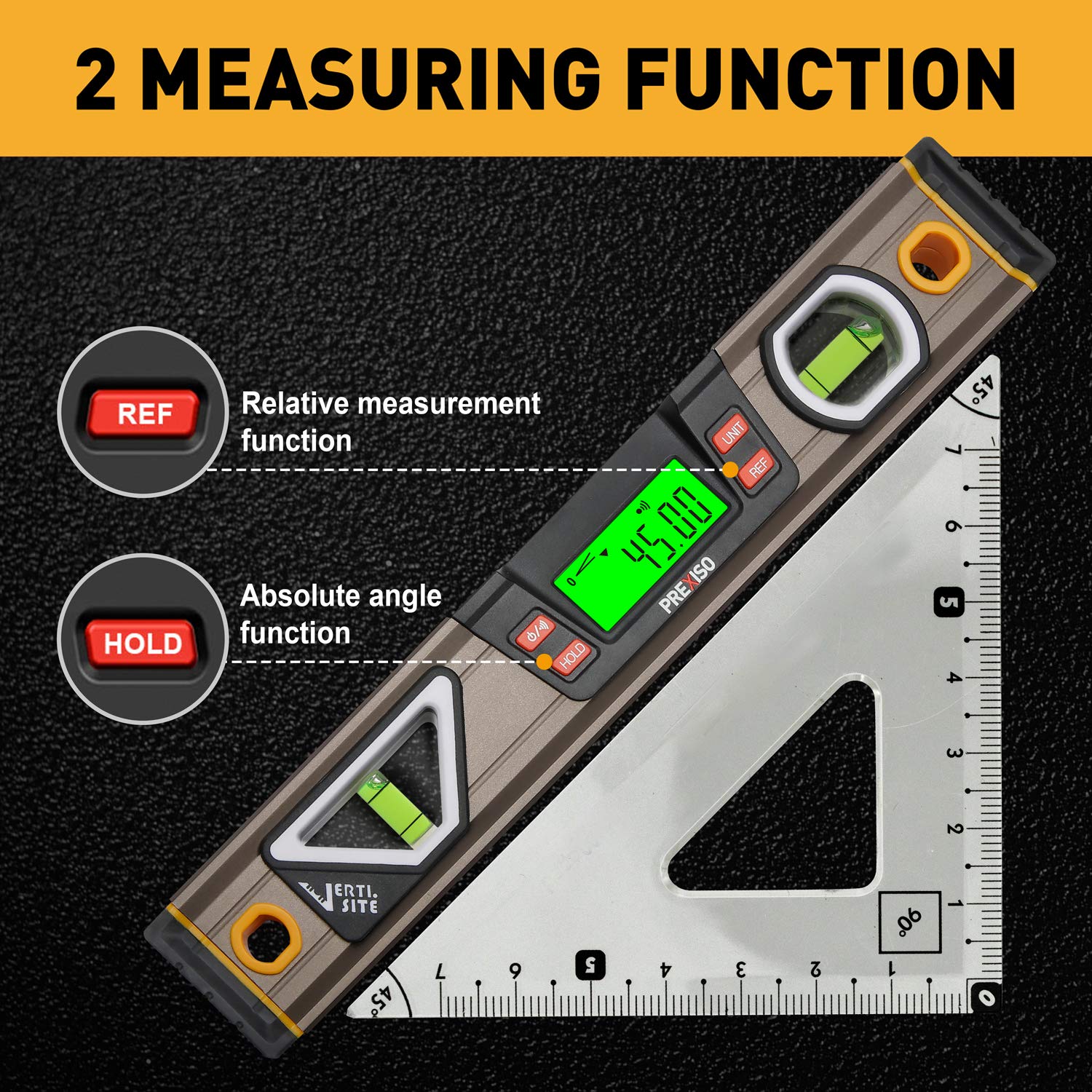 Prexiso vertical and horizontal bubbles for quick plumb and level checks