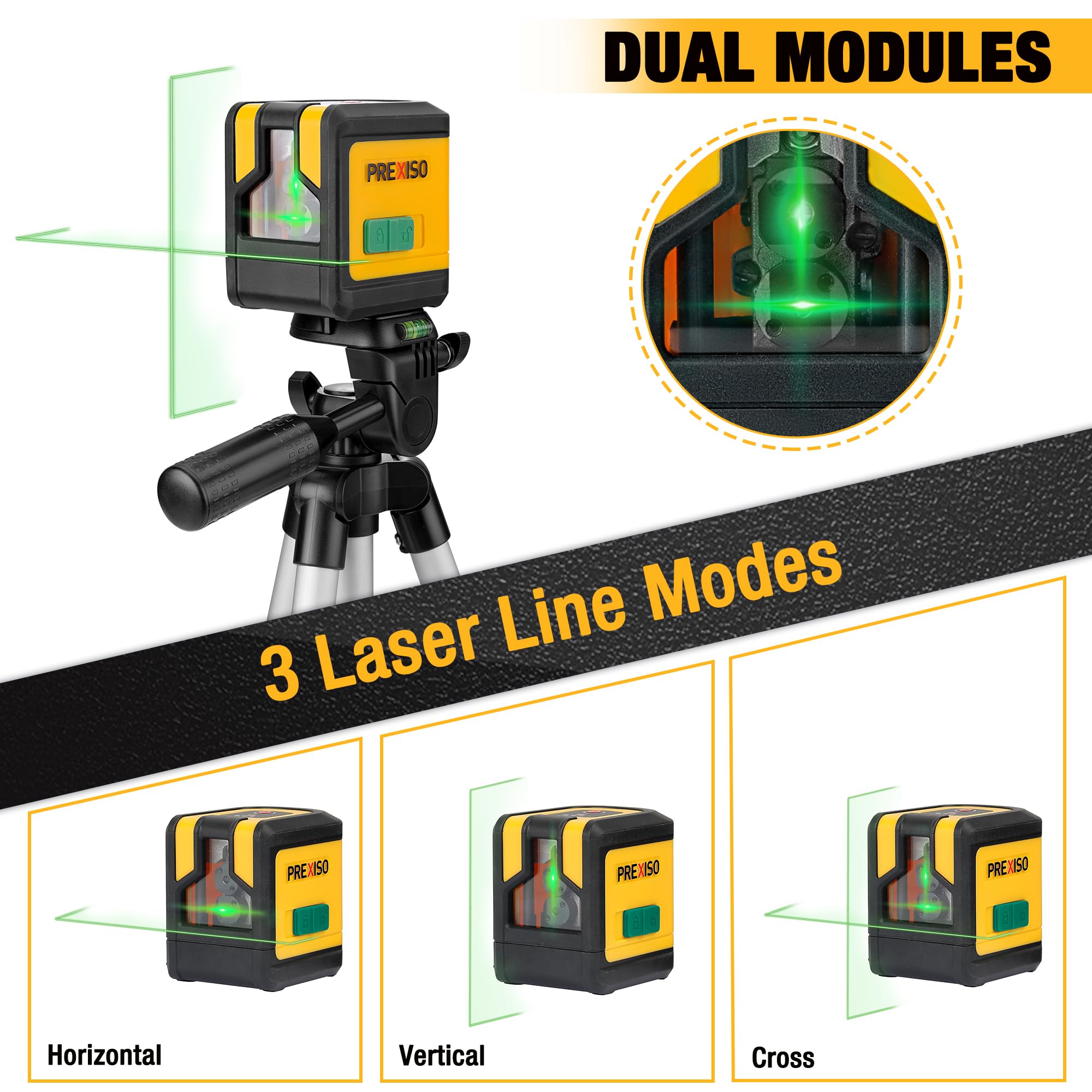 PREXISO green beam highlights horizontal and vertical lines for room layouts.