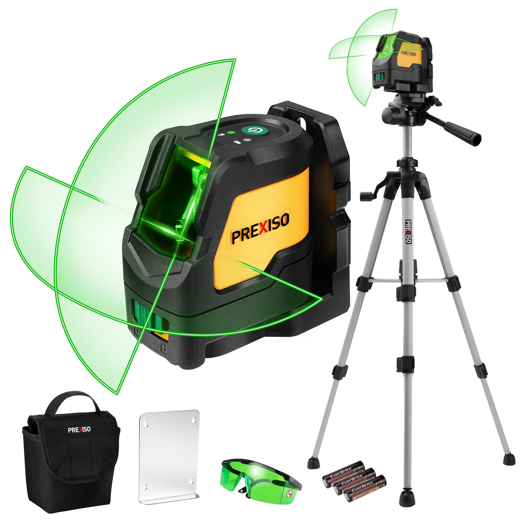 Prexiso laser level with green beam projecting a bright horizontal line up to 100 ft