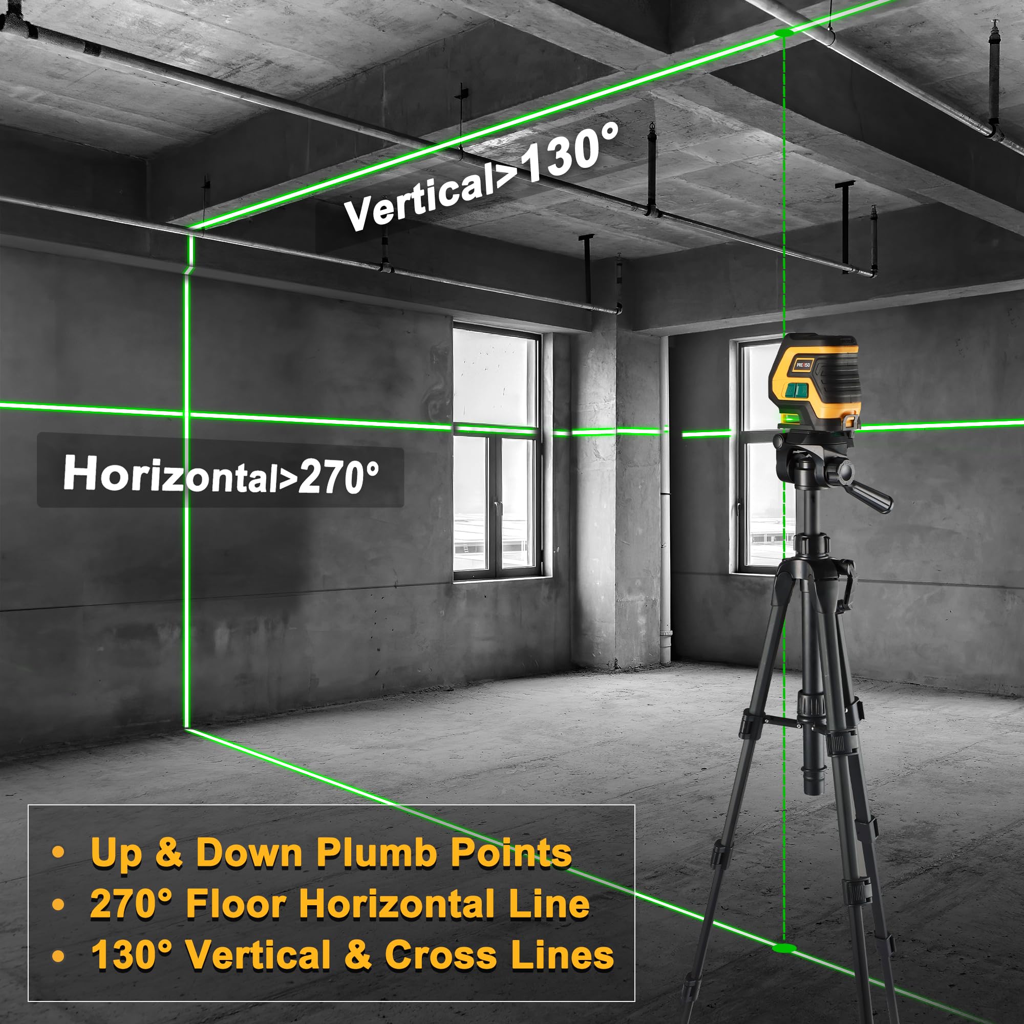 PREXISO laser level plumb dots offer quick reference points for cabinet installation.