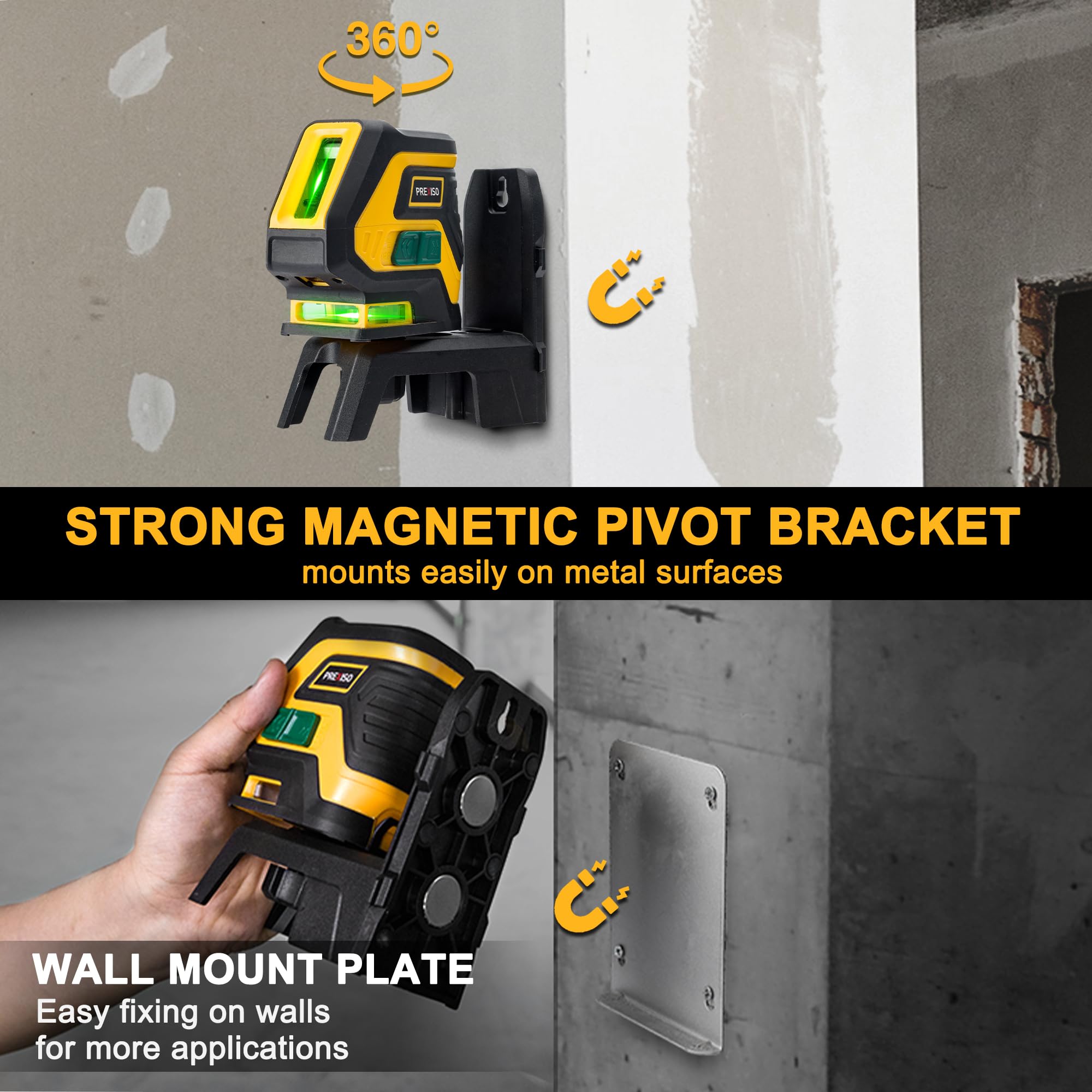 PREXISO laser level self-leveling mode keeps lines aligned within ±4 degrees.