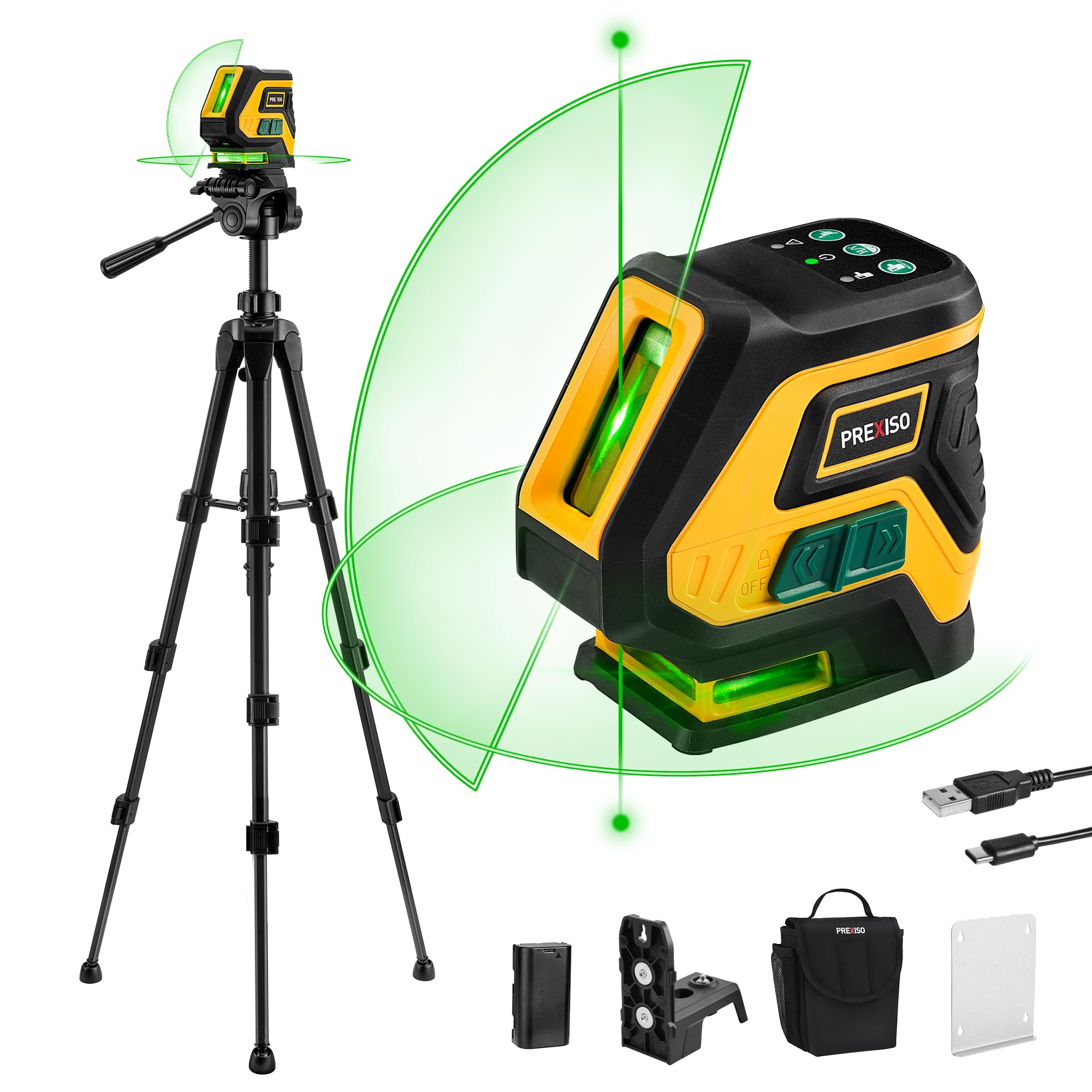 PREXISO laser level with tripod setup for precise tiling and alignment on walls.