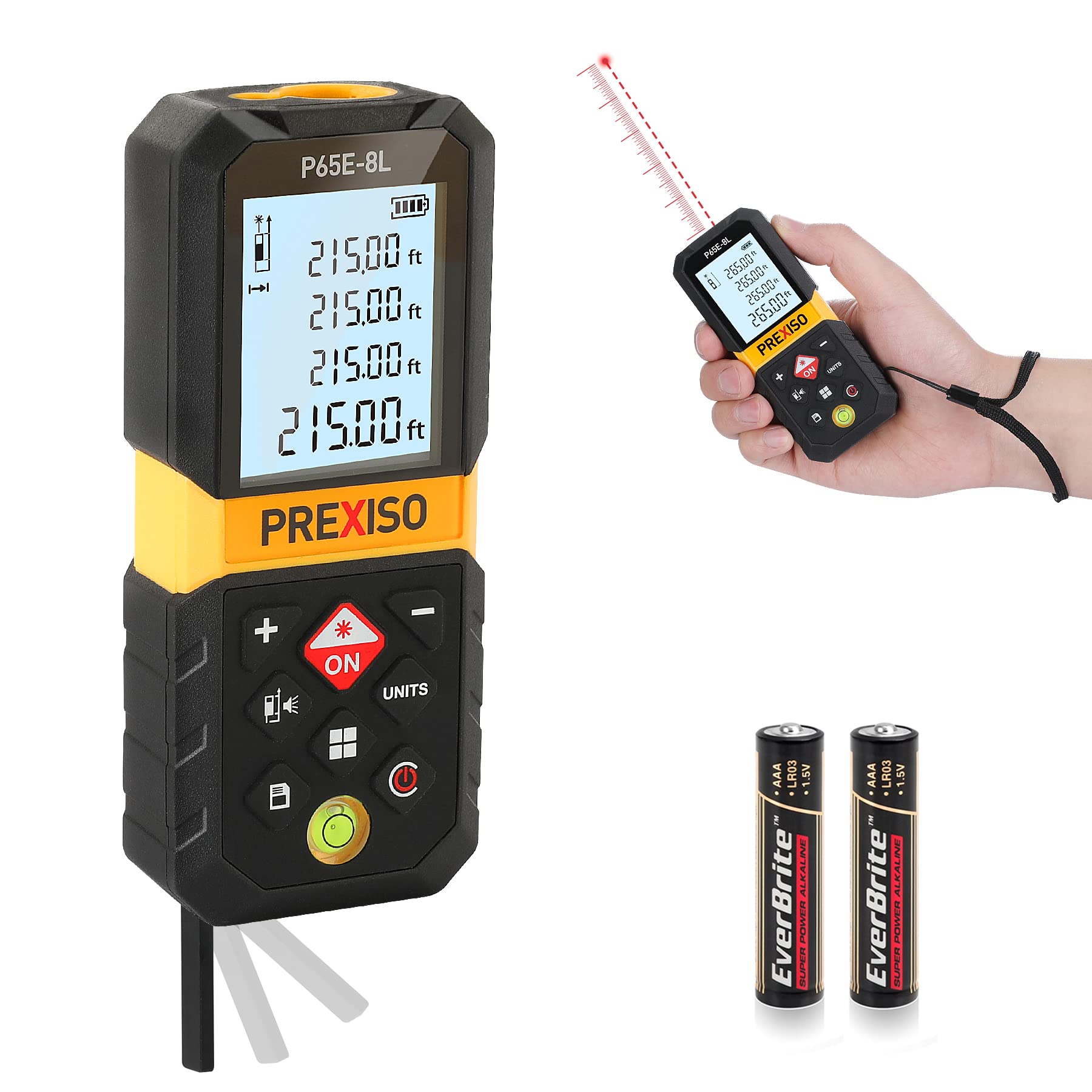 Prexiso laser measure shows 215 ft range with clear display for precise tasks