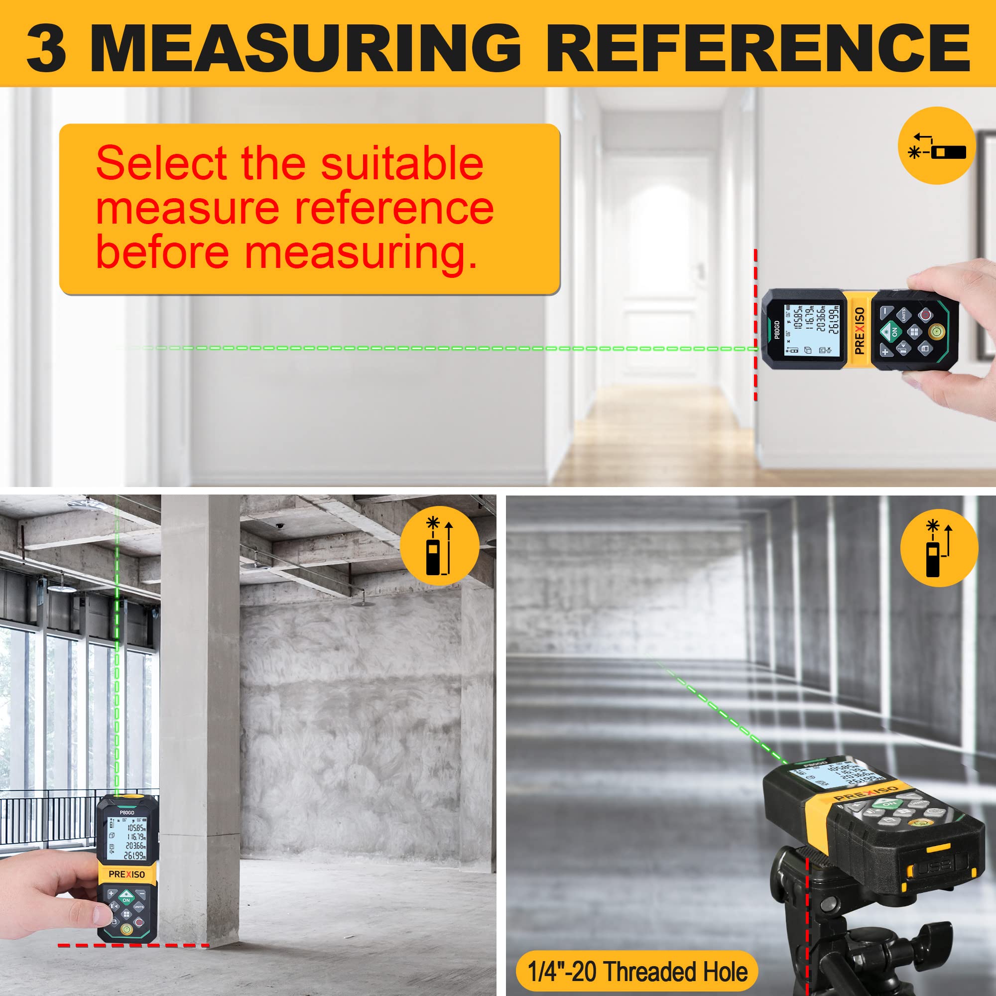 Prexiso laser measure in use with bright green beam for quick readings