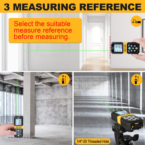 Prexiso laser measure in use with bright green beam for quick readings