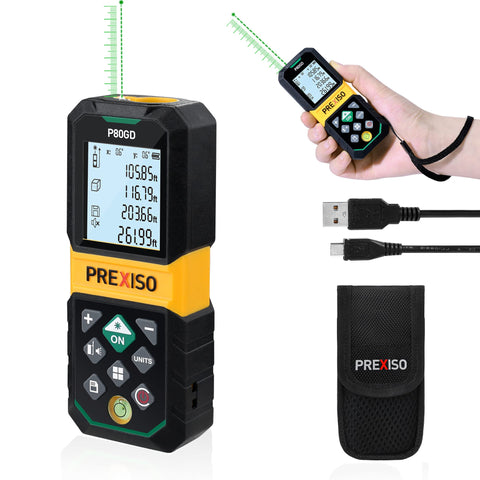 Prexiso laser measure with green beam showing 265 ft range indoors
