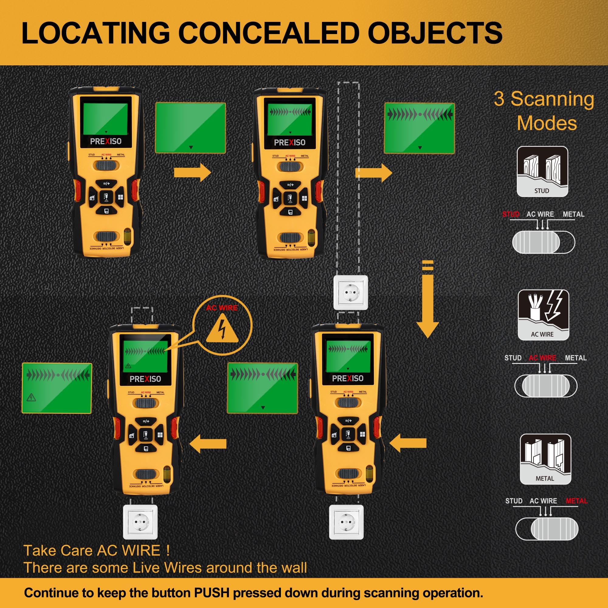 Prexiso live AC wire detection flags active electrical lines behind surfaces.
