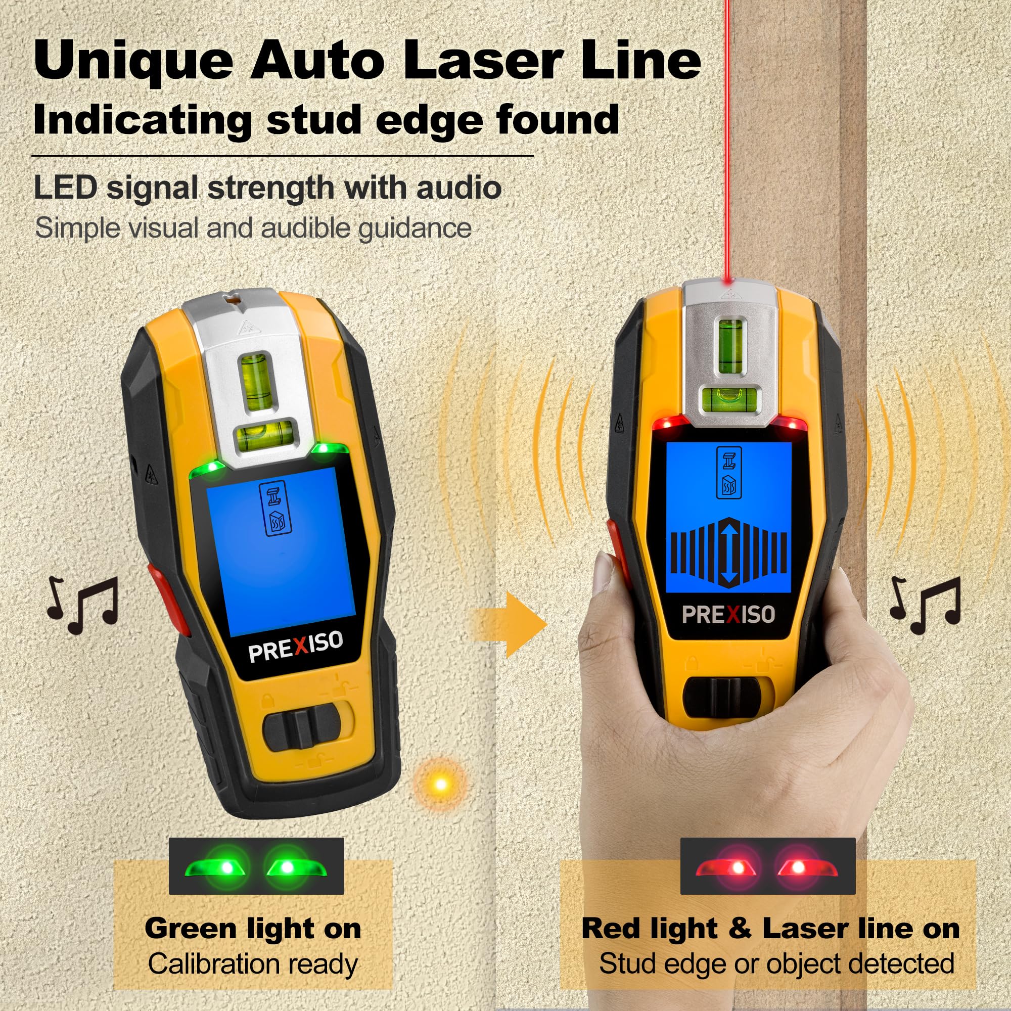 PREXISO manual-leveling bubbles visible in dim lighting for accurate alignment.