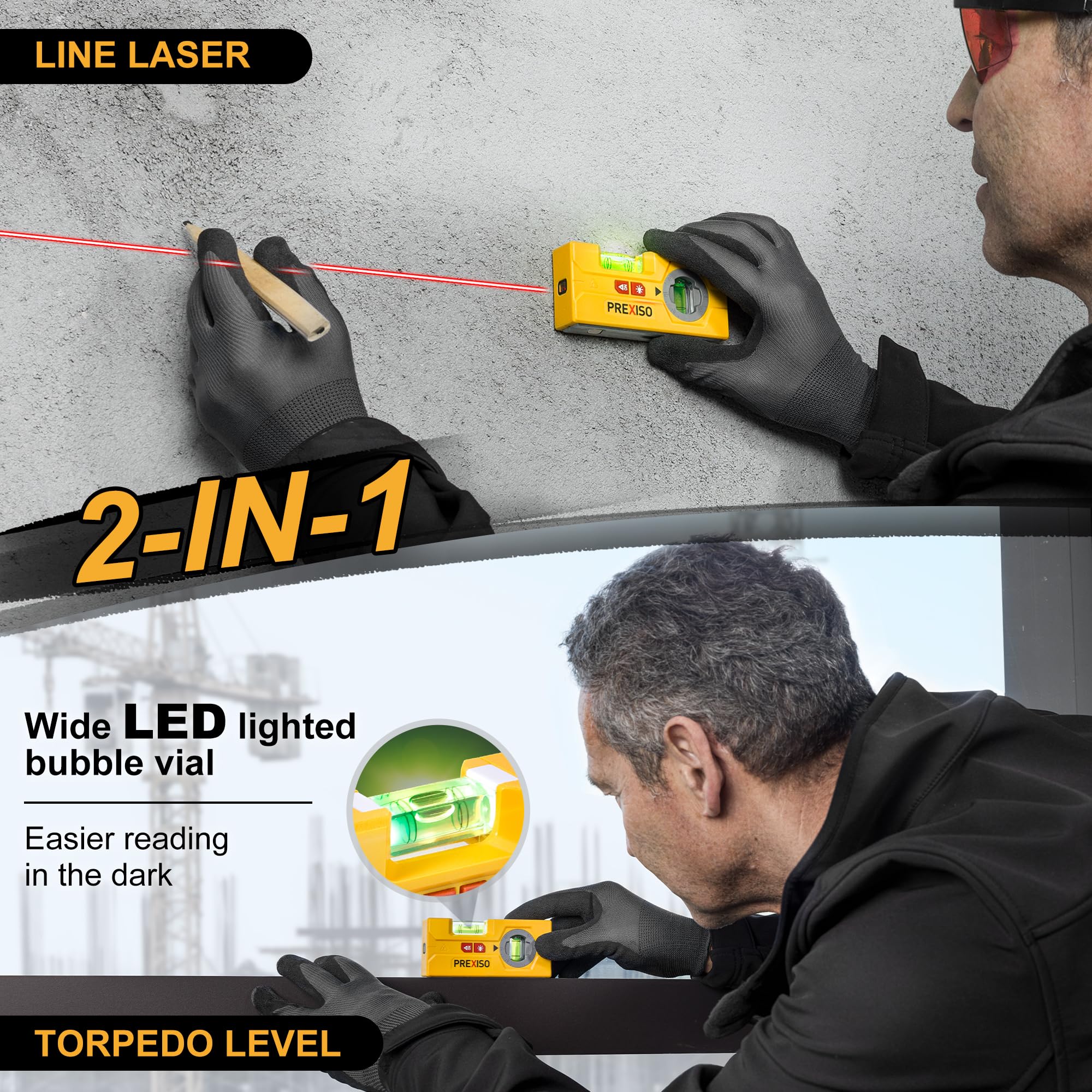 Prexiso mini torpedo level with led light reading vials in dim spaces