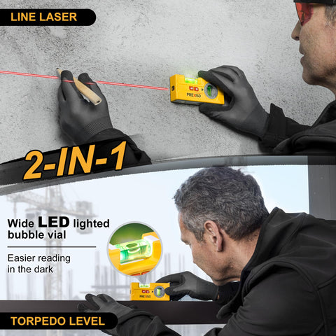 Prexiso mini torpedo level with led light reading vials in dim spaces