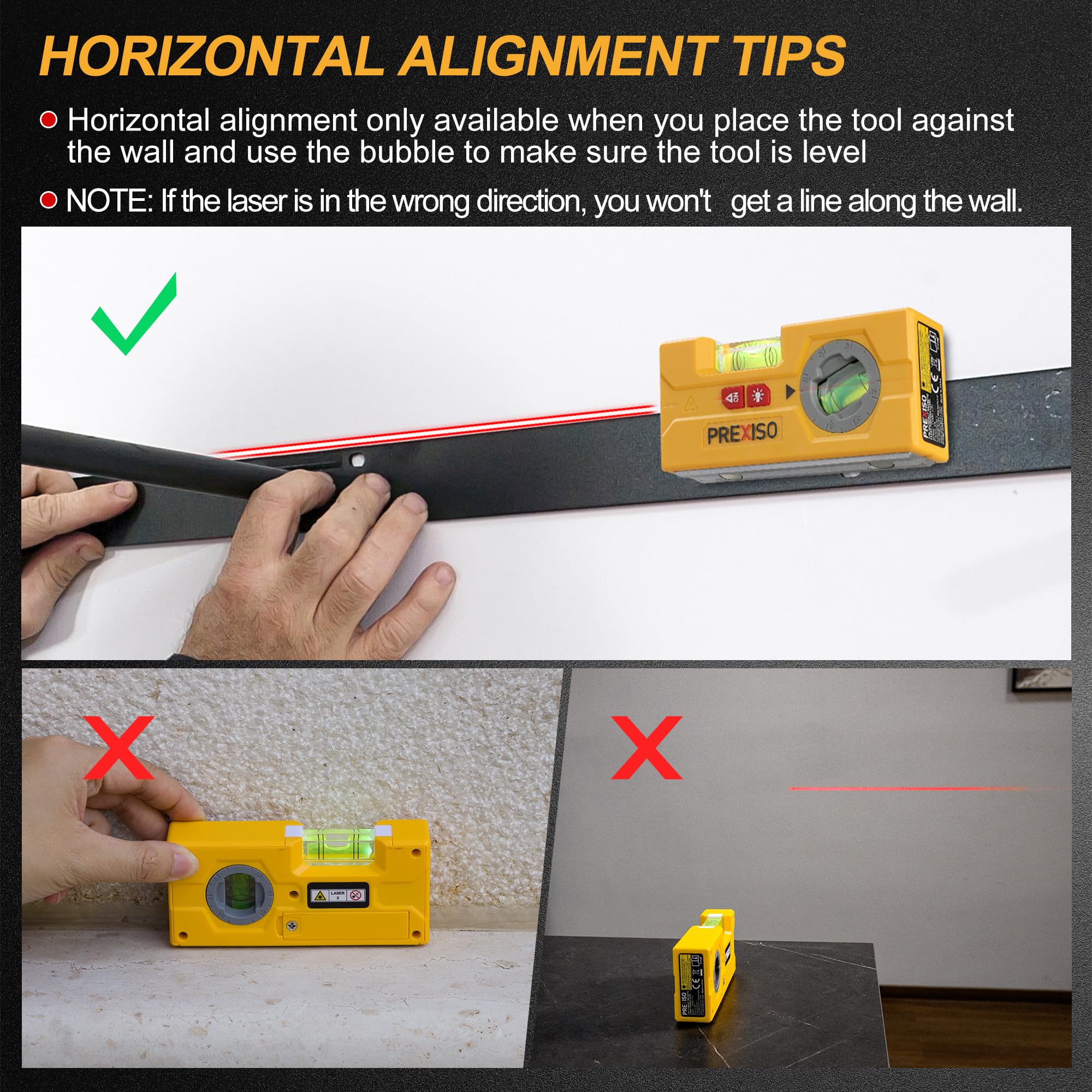 Prexiso rotatable magnetic pocket level shows 180° reference for precise alignment
