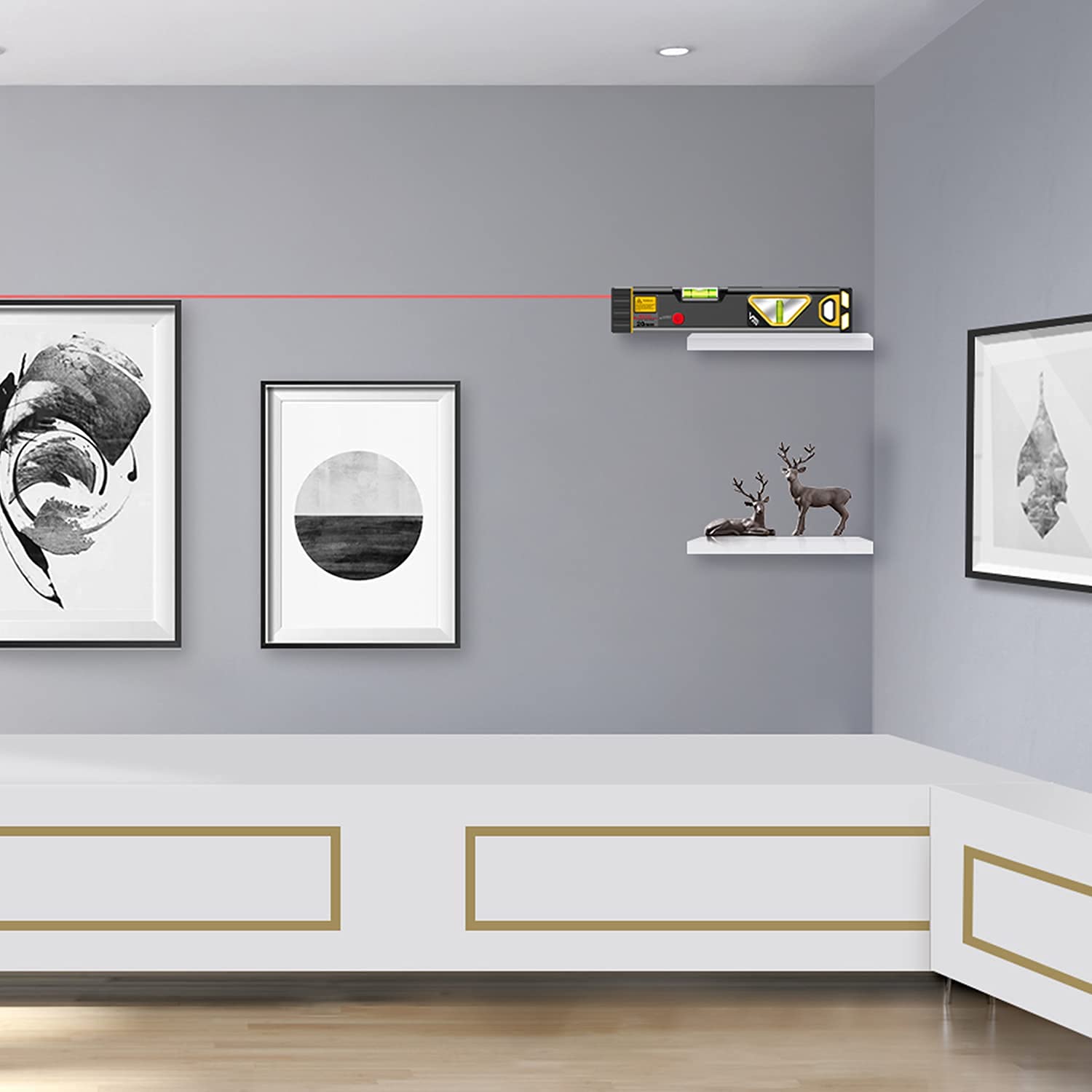 Prexiso tool being used for wall decoration hanging alignment tasks.